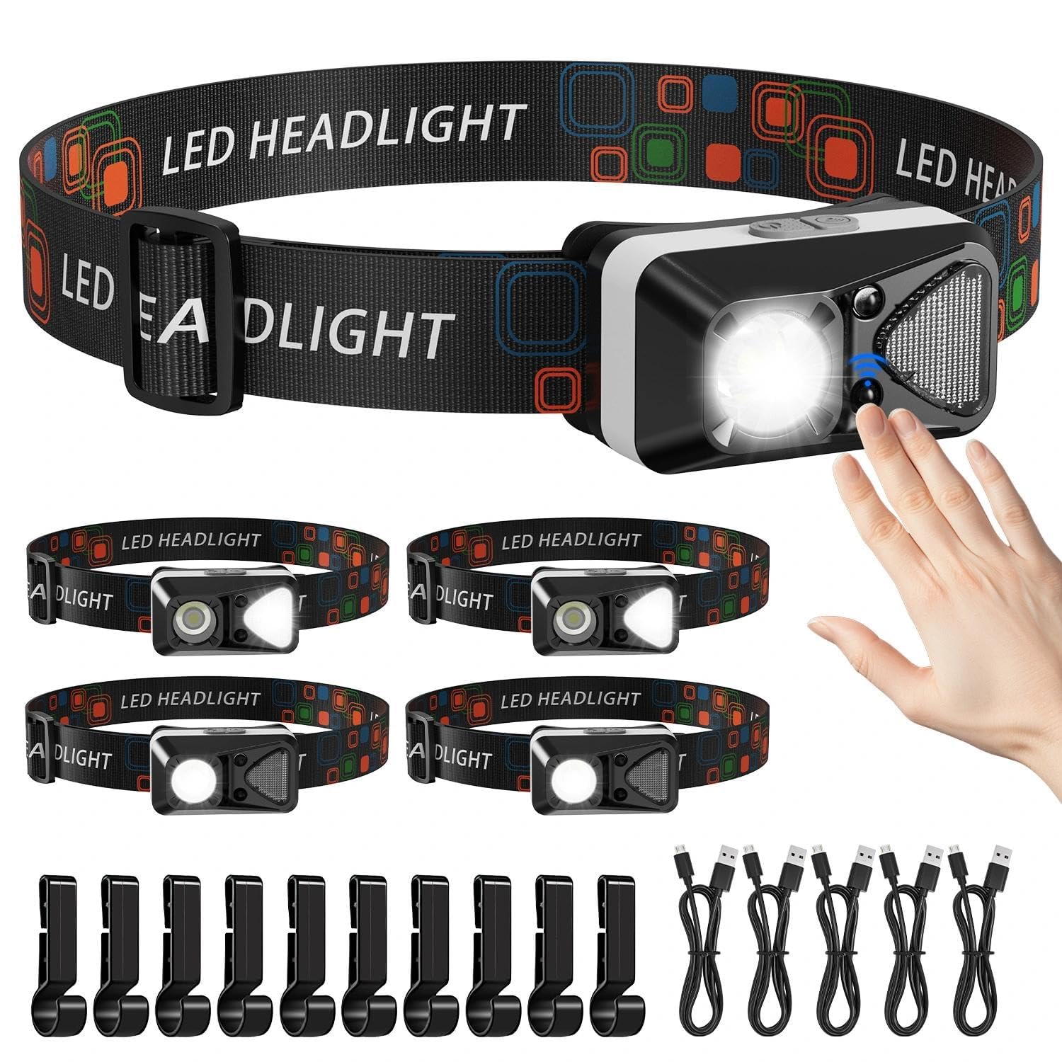NetCan LED Headlamp Rechargeable with Motion Sensor, Ultralight Bright Headlight with White Red Light Waterproof 6 Modes for Out