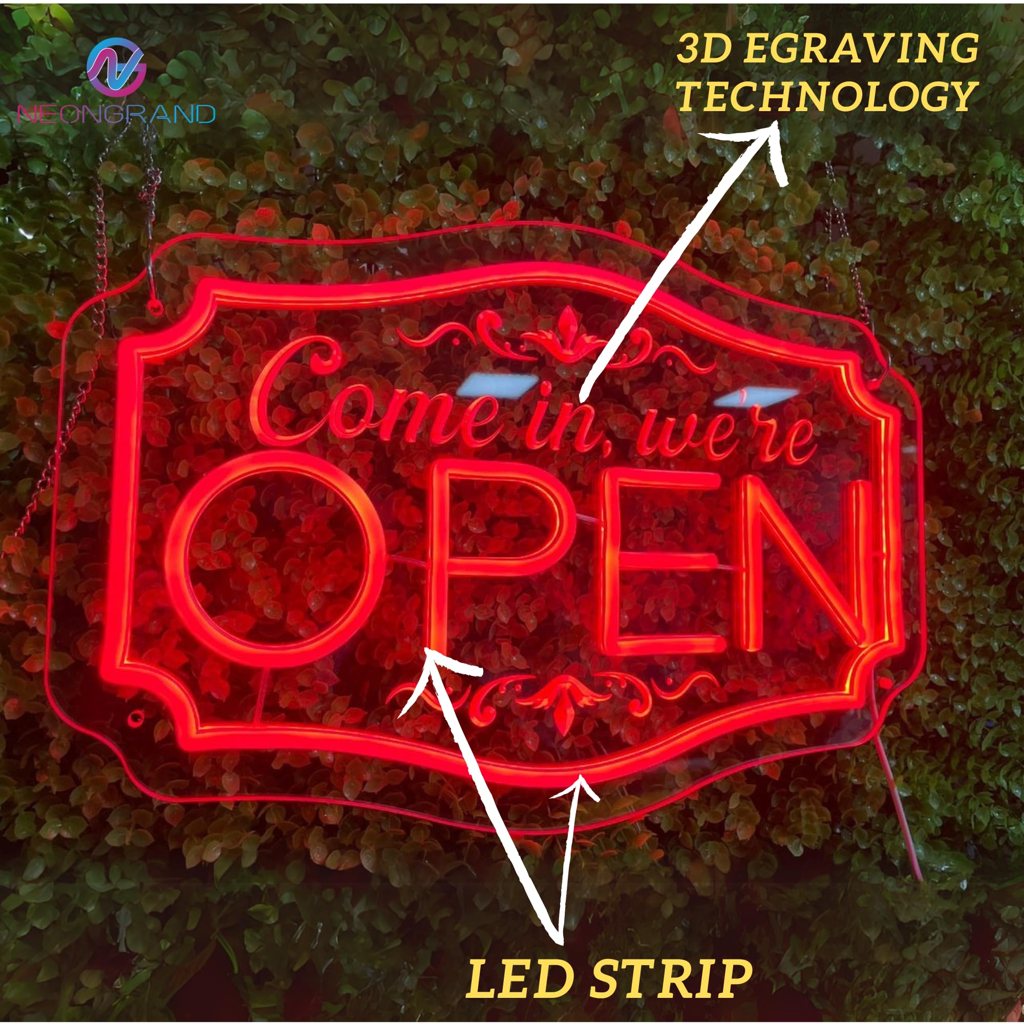 NEONGRAND LED Neon Open Sign, Adjustable Brightness, 16.5x11in , 7 Changing Colors, Acrylic Wall Decor for Business, Party, Salon