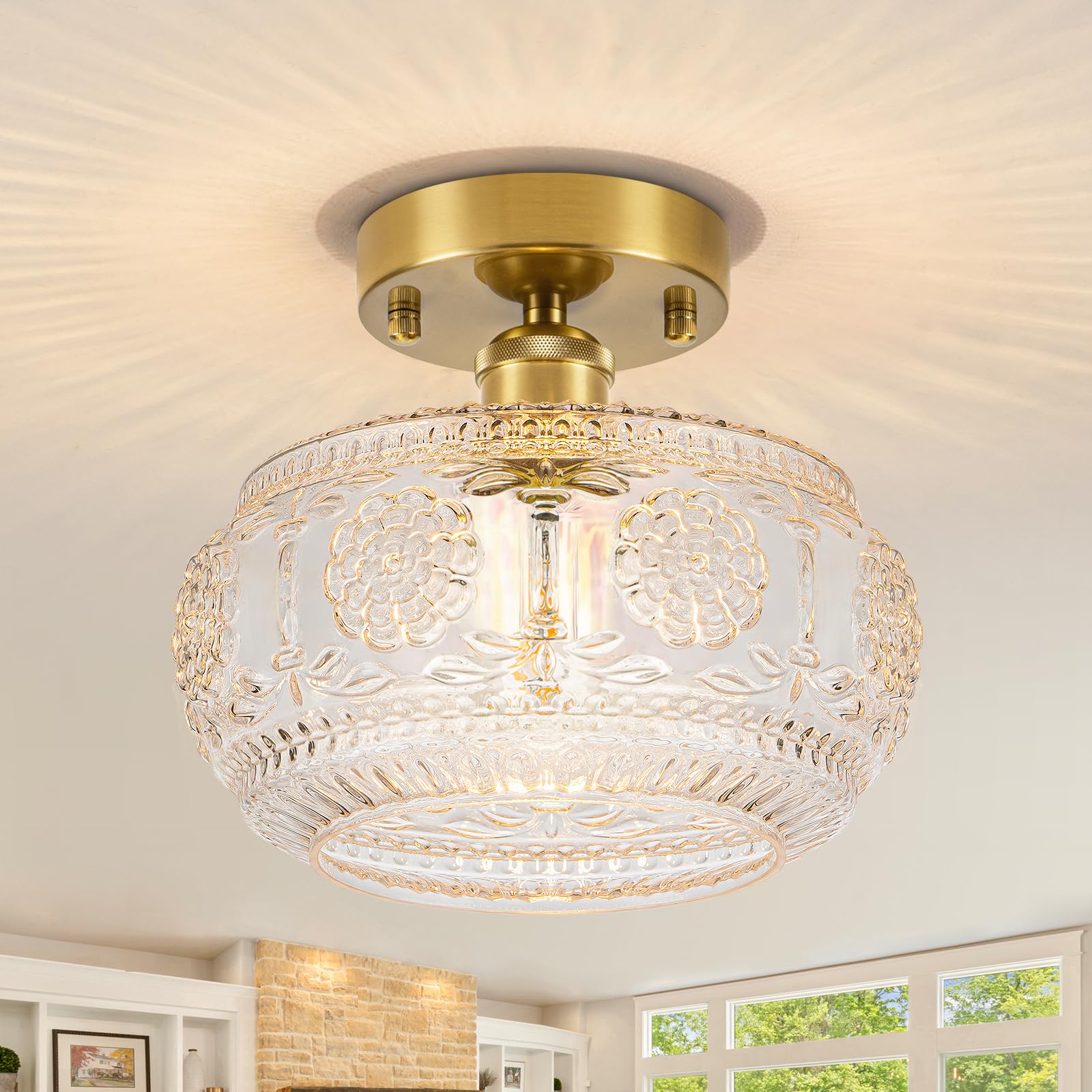 Tbaoinla Semi Flush Mount Ceiling Light Fixture - Brass & Floral Glass Shade  Vintage Modern Lighting For Entryway  Bathroom  Kitchen  Bedroom (Bulb Not Included)