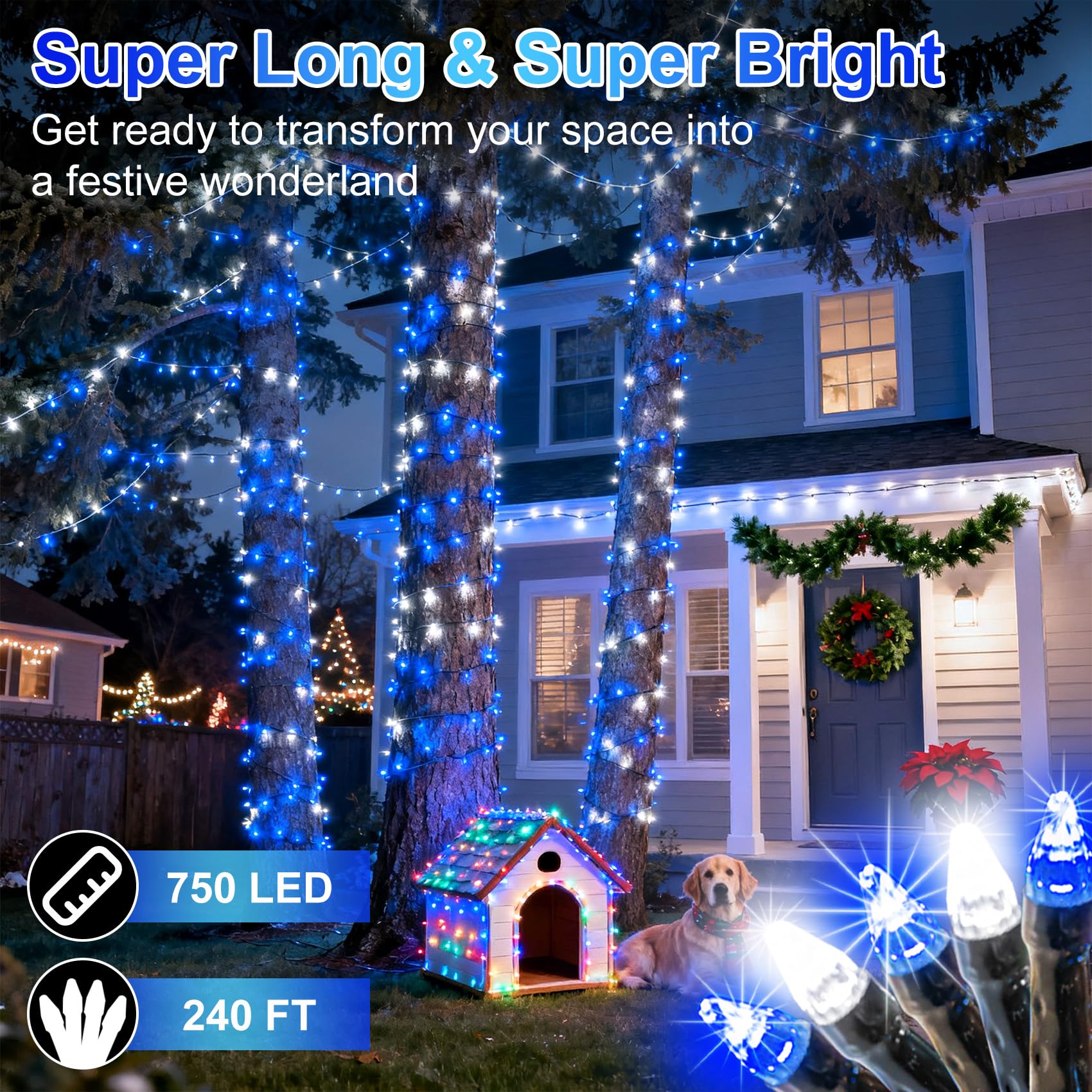 750 Led 240Ft Christmas String Lights Outdoor  12 Pro Modes And Timer Memory & Brightness  Plug In Waterproof Dark Green Wire Twinkle Light For For Xmas Yard Tree Wedding Party Decor (Blue & White)