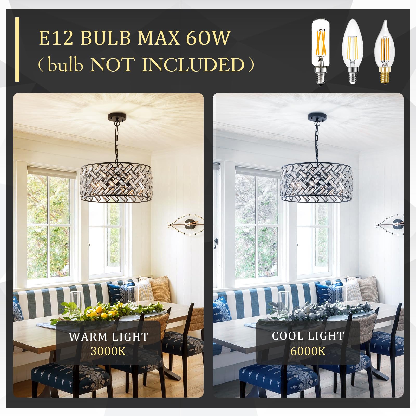 CATINER Black Modern 18" Crystal Chandelier, 6-Light Semi Flush Mount, Metal Drum Shade for Kitchen, Dining Room, Bedroom, Hallway