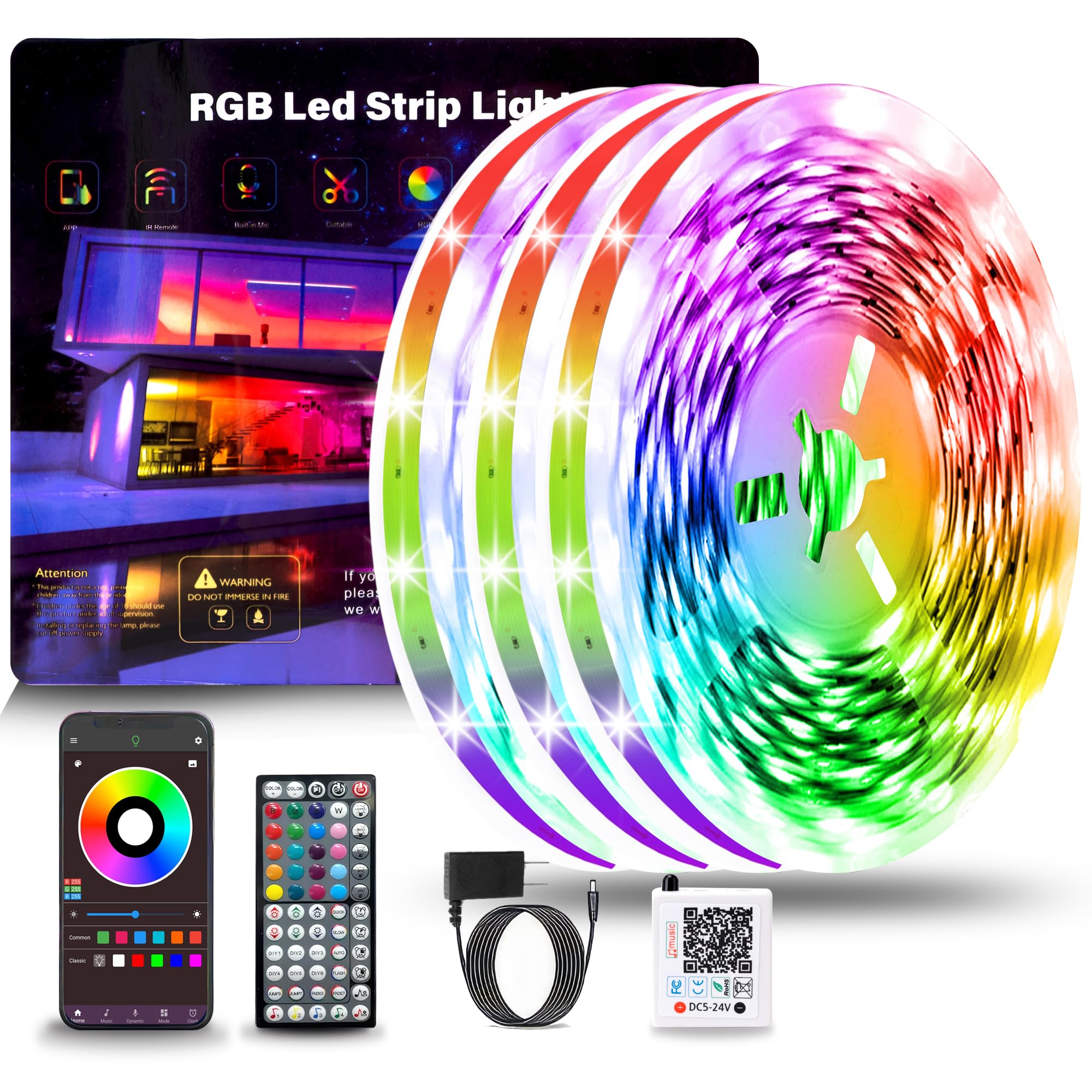 NBBUFF Led Lights for Bedroom 300FT(3 Rolls of 100ft), Music Sync Led Strip Lights with 60 Keys Remote and App Control, Color Ch