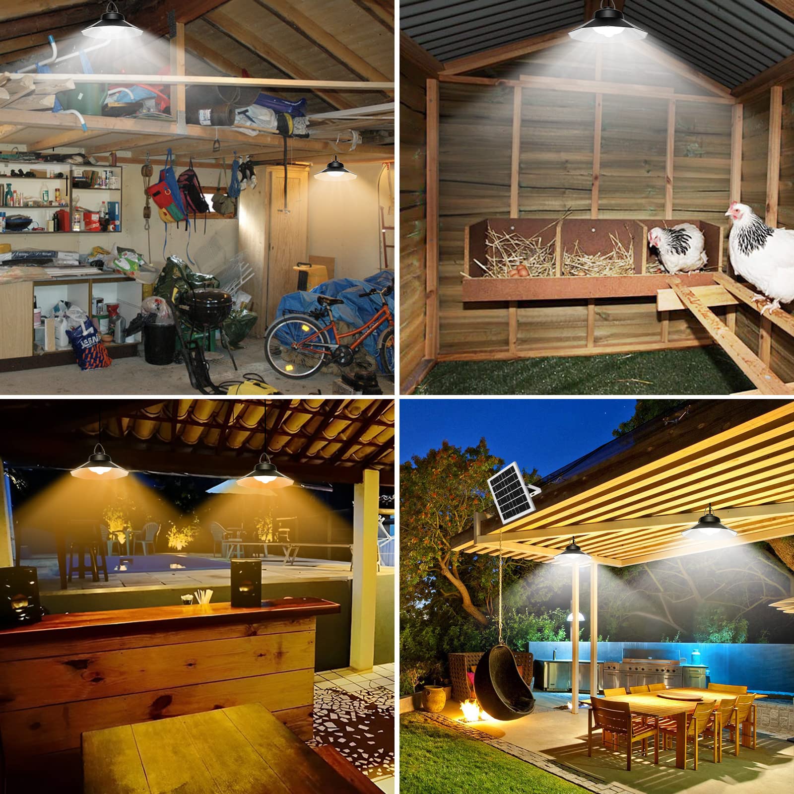 Aqonsie Solar Shed Lights - Indoor/Outdoor Dual Pendant, 1200LM, 3 Color Temperatures, 5 Modes, 2 Timers, Black, Model L-0004