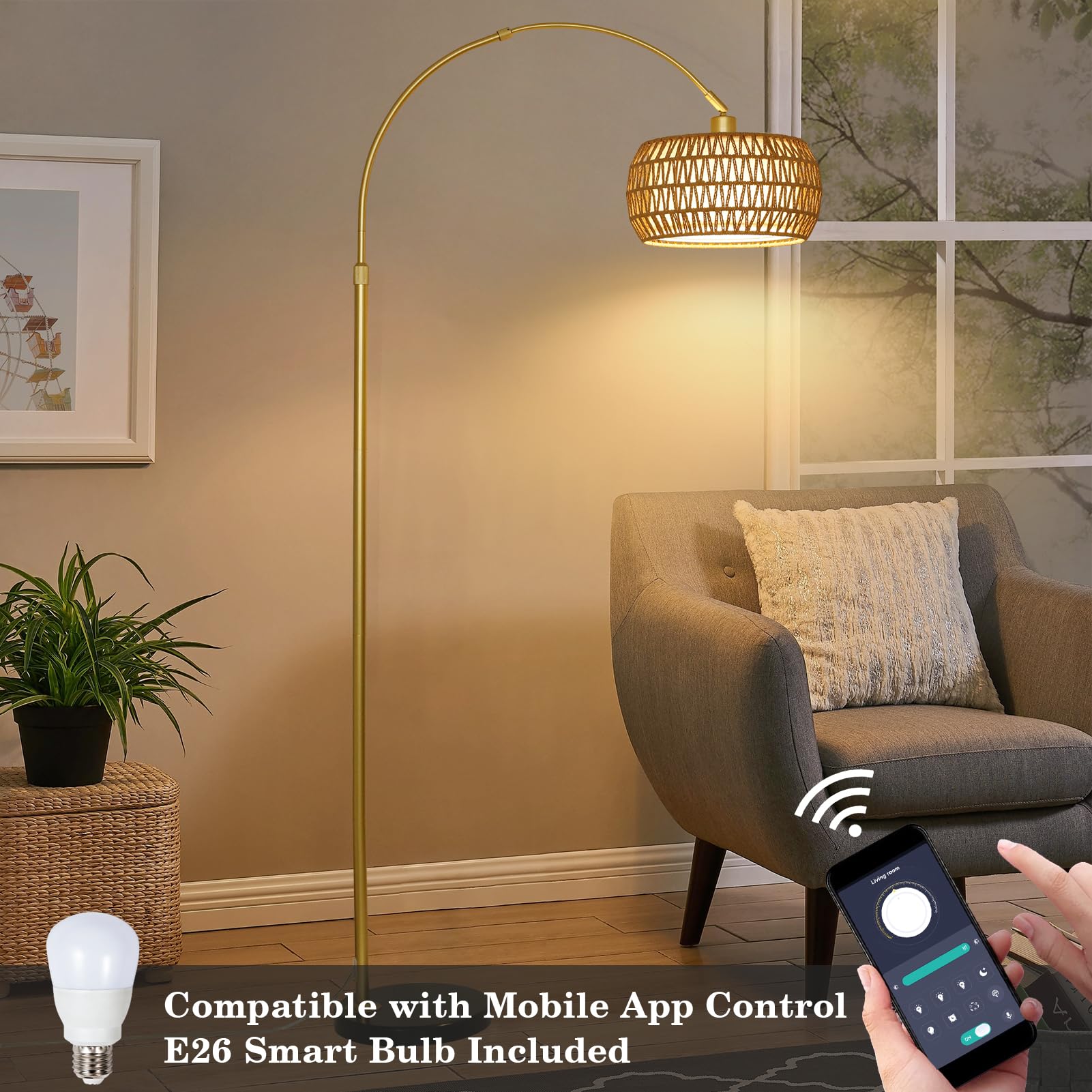 Gold Floor Lamps For Living Room, Arc Floor Lamp With Remote & Dimmable Bulb, Boho Rattan Standing Lamp With 3 Color Temperature