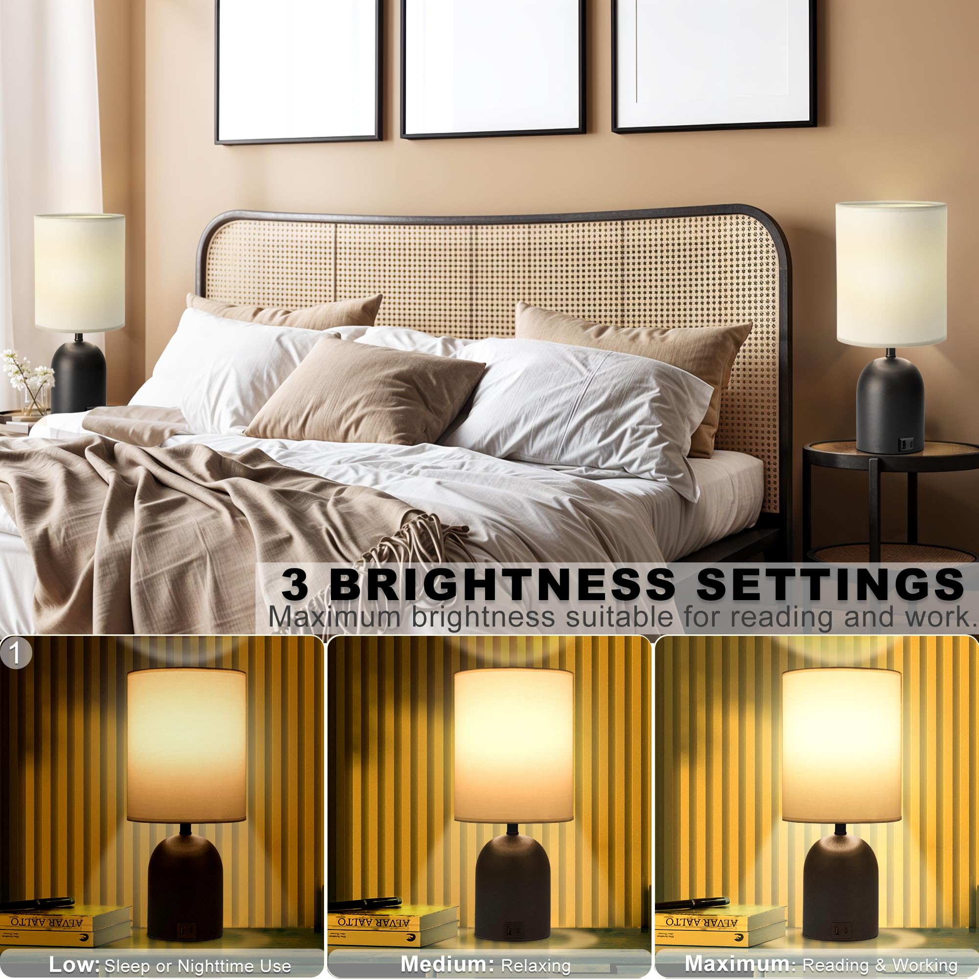 Fttoyoly Bedside Black Table Lamps Set Of 2 For Bedroom, 3 Way Dimmable Touch Nightstand Lamp With Usb C And A Ports Small Table