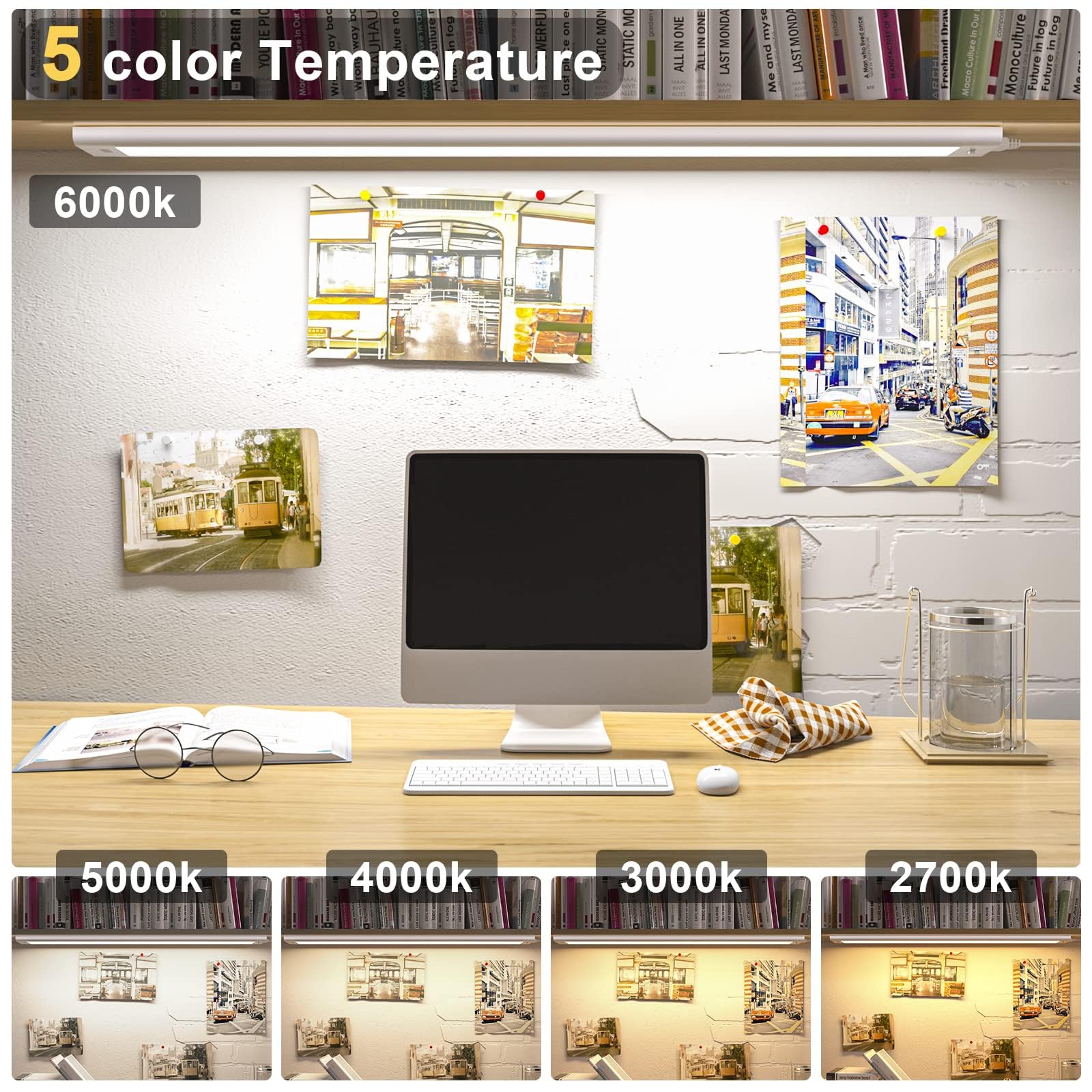 WOBANE 24" Under Cabinet LED Light Bar, Touchless Dimmable, Color Tunable 2700K-6500K, White Aluminum, Model CS4, 1400LM