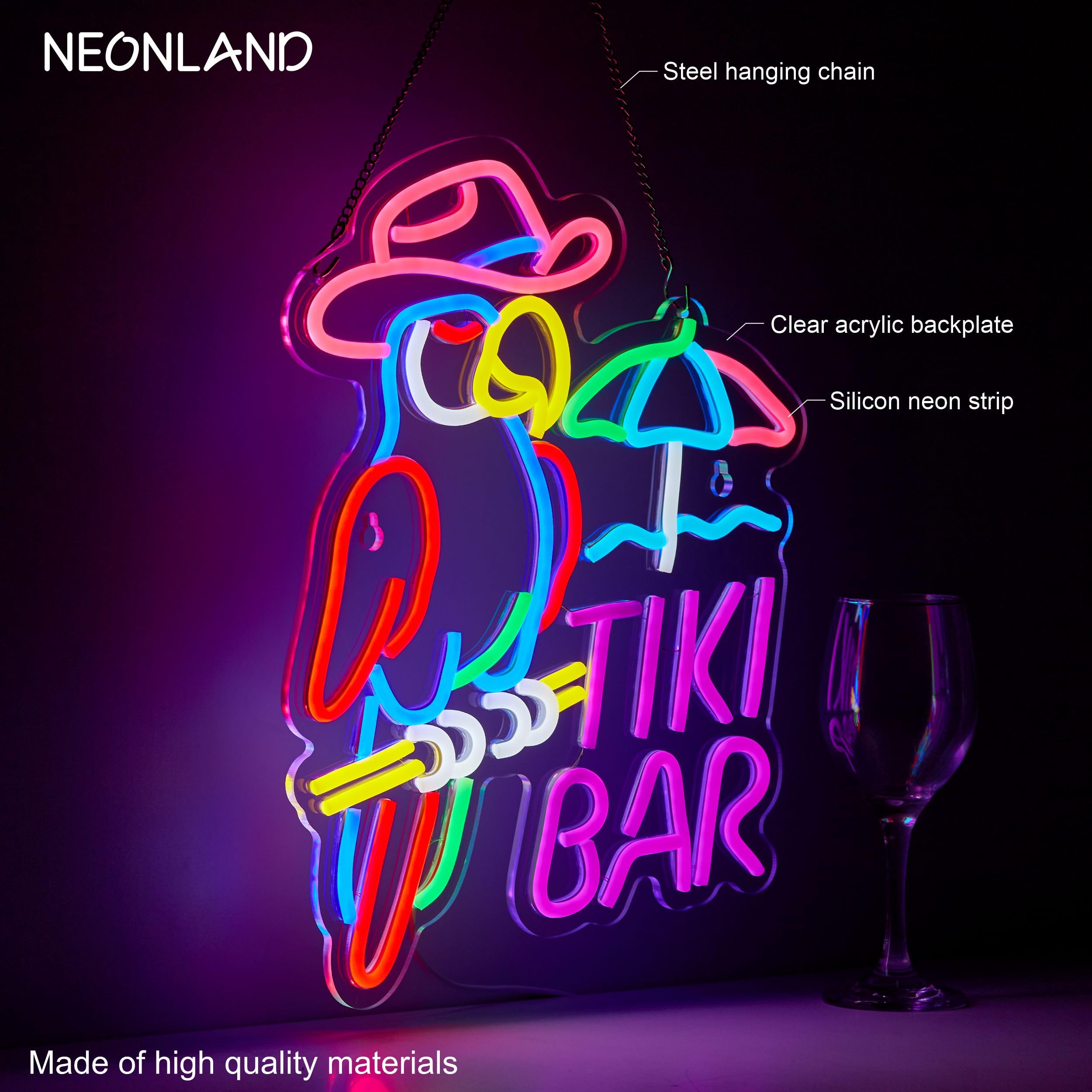 NEONLAND Tiki Bar Parrot Neon Sign LED Light - Acrylic Wall Decor, Dimmer, Rose/Pink/Blue for Pub, Party, Man Cave