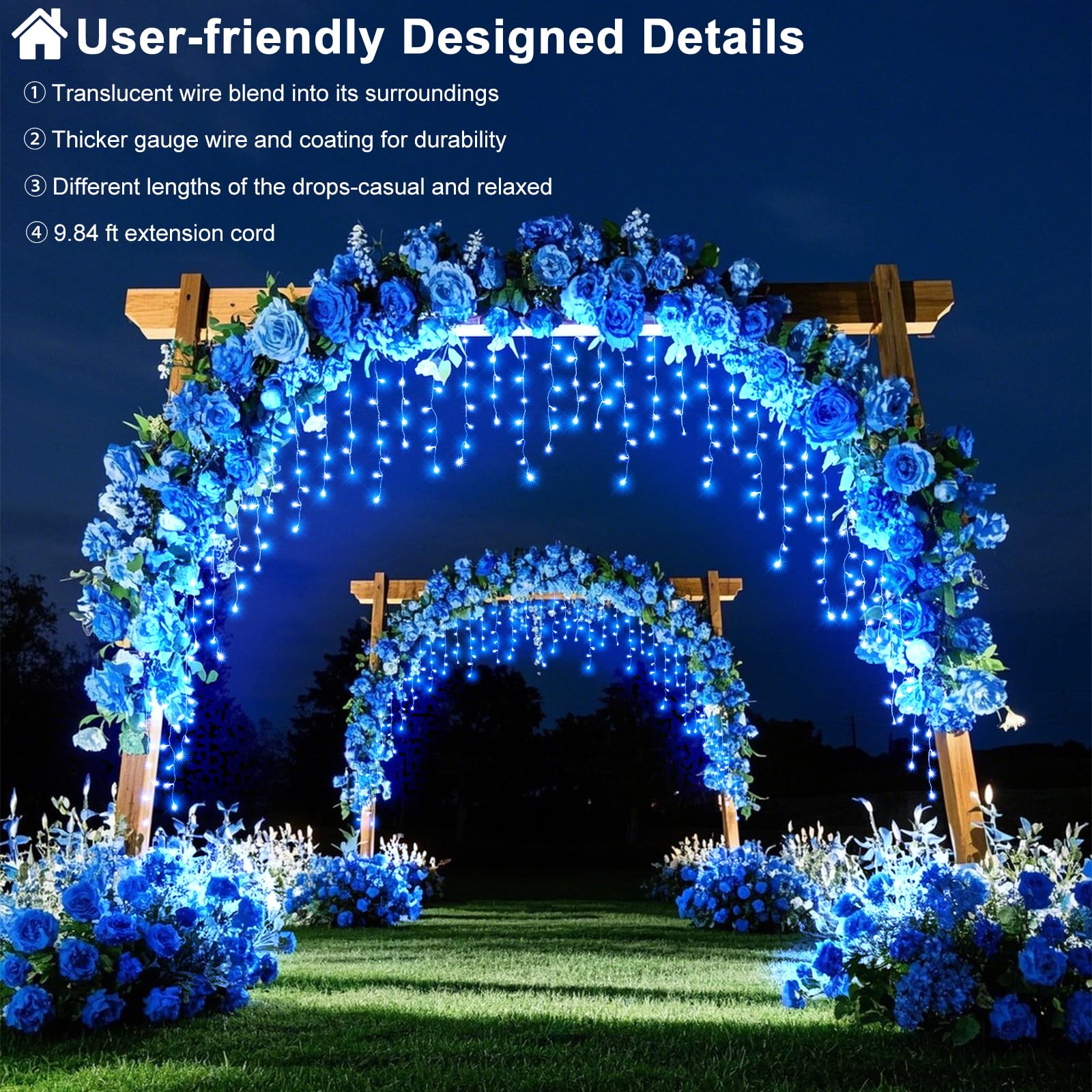 Nielfoi Christmas Icicle Lights - 66ft 640 LED, Blue, Waterproof, 8 Modes, Plug-in, Indoor/Outdoor Decoration, Model BG-CL3M3-306L