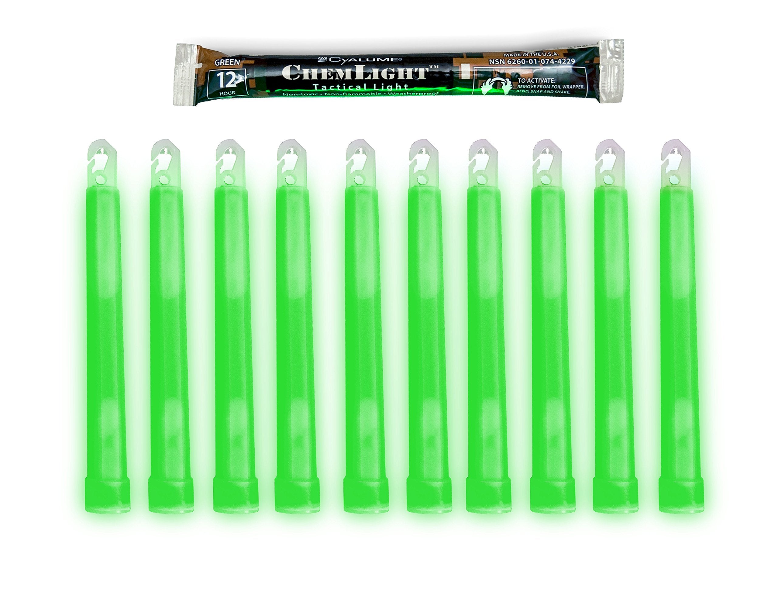 Cyalume Green Glow Sticks - 6” enhanced Bright ChemLight, 12 Hour Duration, Bulk Pack of 10, Model 9-42290