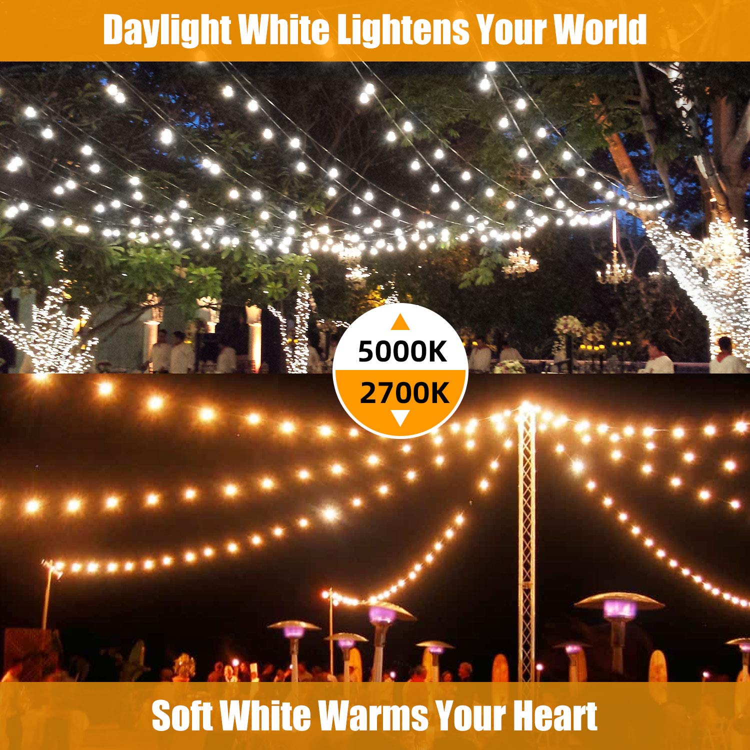 Lakumu 96Ft Outdoor String Lights, Waterproof Dimmable S14 Led Bulbs, Heavy Duty Bistro Lights