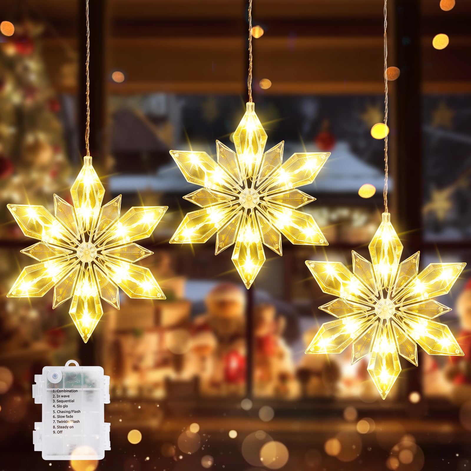 Quntis 34'' Christmas Snowflakes Window Lights Battery Operated, 3 Pack 36 LEDs Snowflake String Lights with Timer Memory, 8 Twi