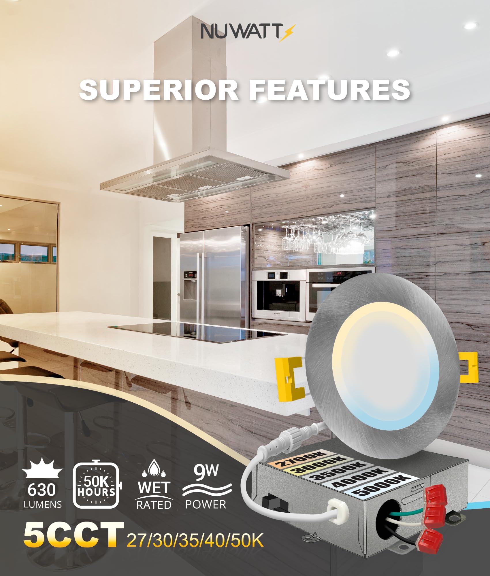 Nuwatt 6 Pack, 4 Inch Ultra-Thin Recessed Led Lights Brushed Nickel, 5Cct 2700K/3000K/3500K/4000K/5000K Selectable, 630Lm, 9W, Ic Rated, Dimmable, Canless Downlight With Junction Box, Energy Star, Etl