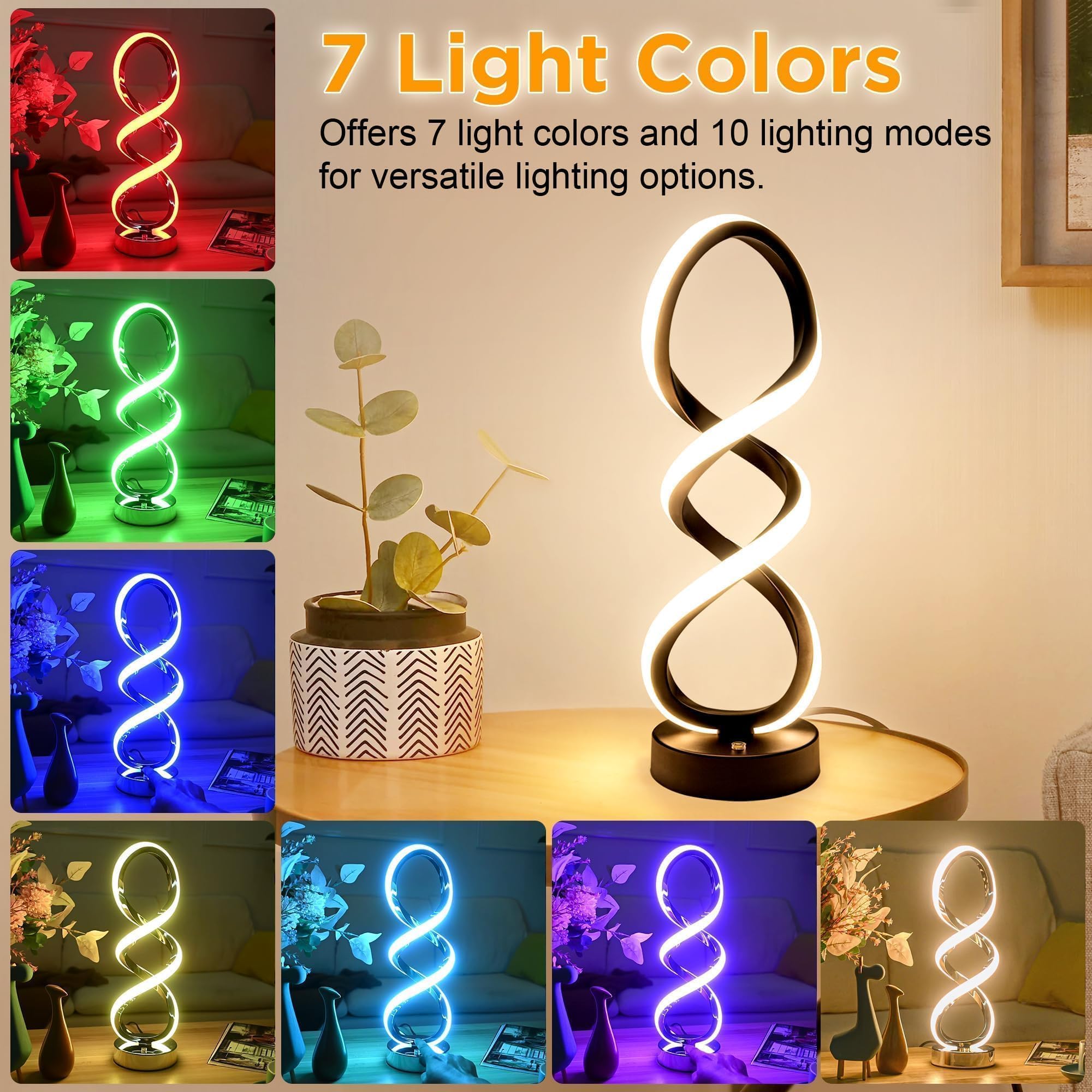 Adebime Modern Touch Dimmable Table Lamp - 7 Colors, 10 Modes, Black Spiral Design, 15.7&quot;