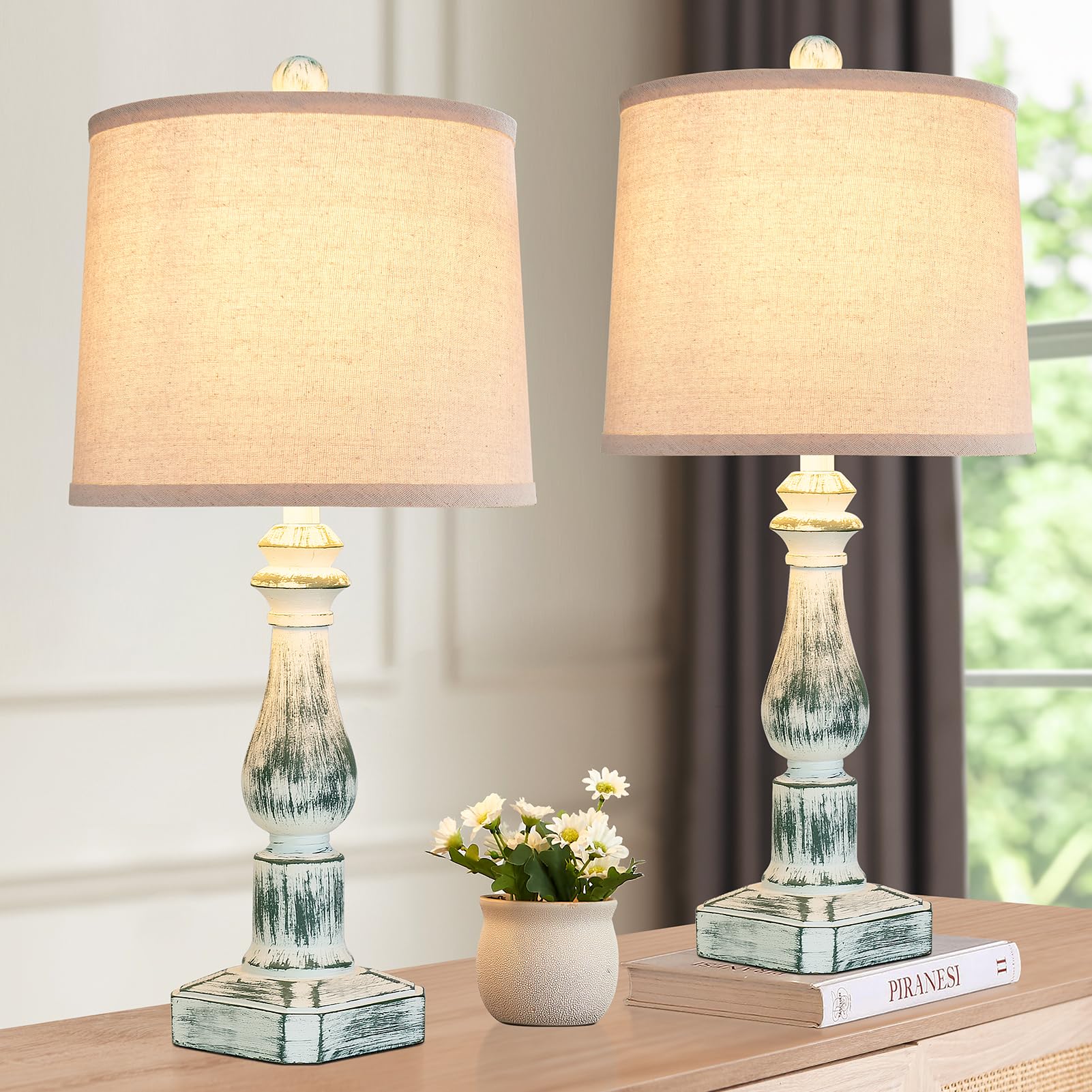 RORIANO 23 Set of 2 Rustic Table Lamps for Bedroom Living Room  Traditional Farmhouse Resin Desk Lamps  Washed Green Retro Nightstand Lamps for Home Office Entryway  2 Bulbs Included