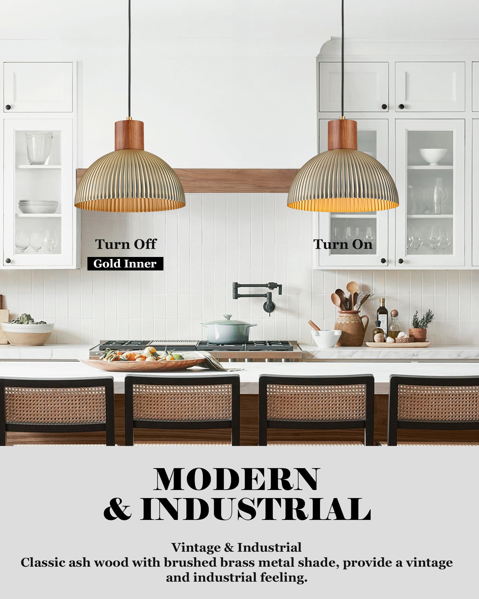 Elyona Vintage Ash Wood Dome Pendant Light 12'' Hanging Lamp With Brushed Brass Metal Shade & Gold Inner Finish, Modern Pendant