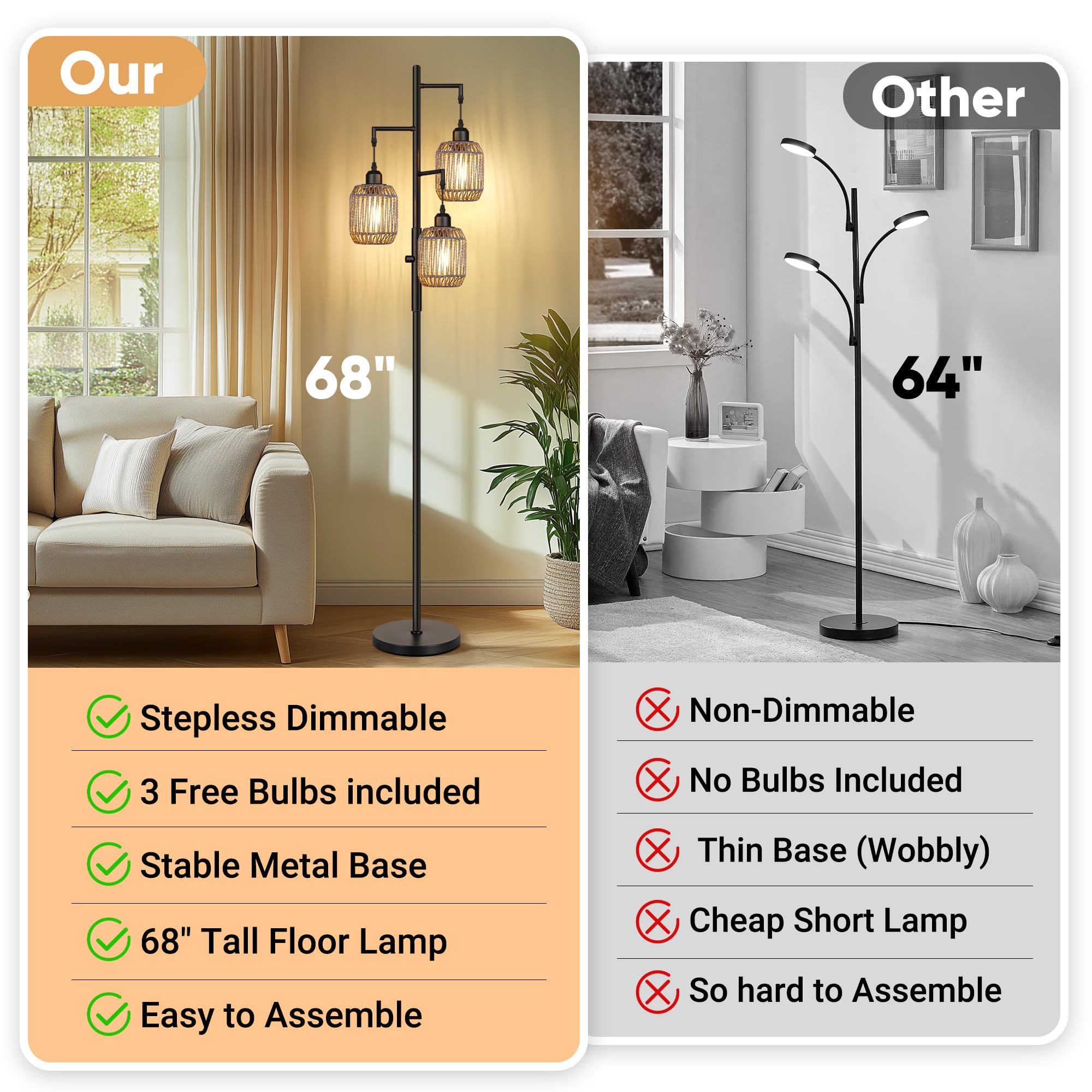 ROTTOGOON Dimmable Boho Floor Lamp - 3-Light Rattan, 68" Tall, Black & Gray, Metal, Model ROFP125AB1