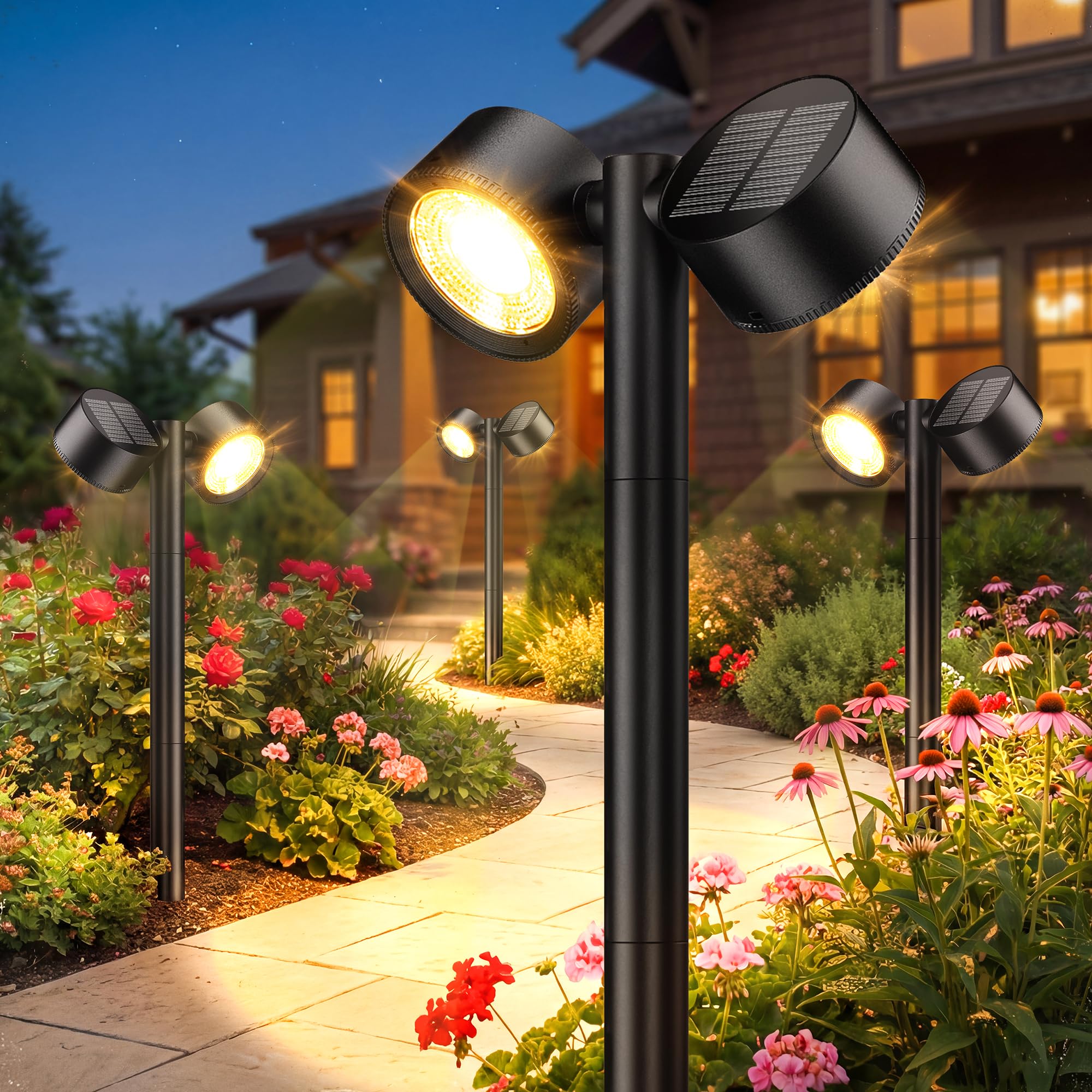 AOUNQ 24 Inch Tall Solar Pathway Lights Outdoor, 2X Brighter & 150 Adjustable Dual-Head, IP65 Waterproof, Up to 15Hrs Auto On/Of