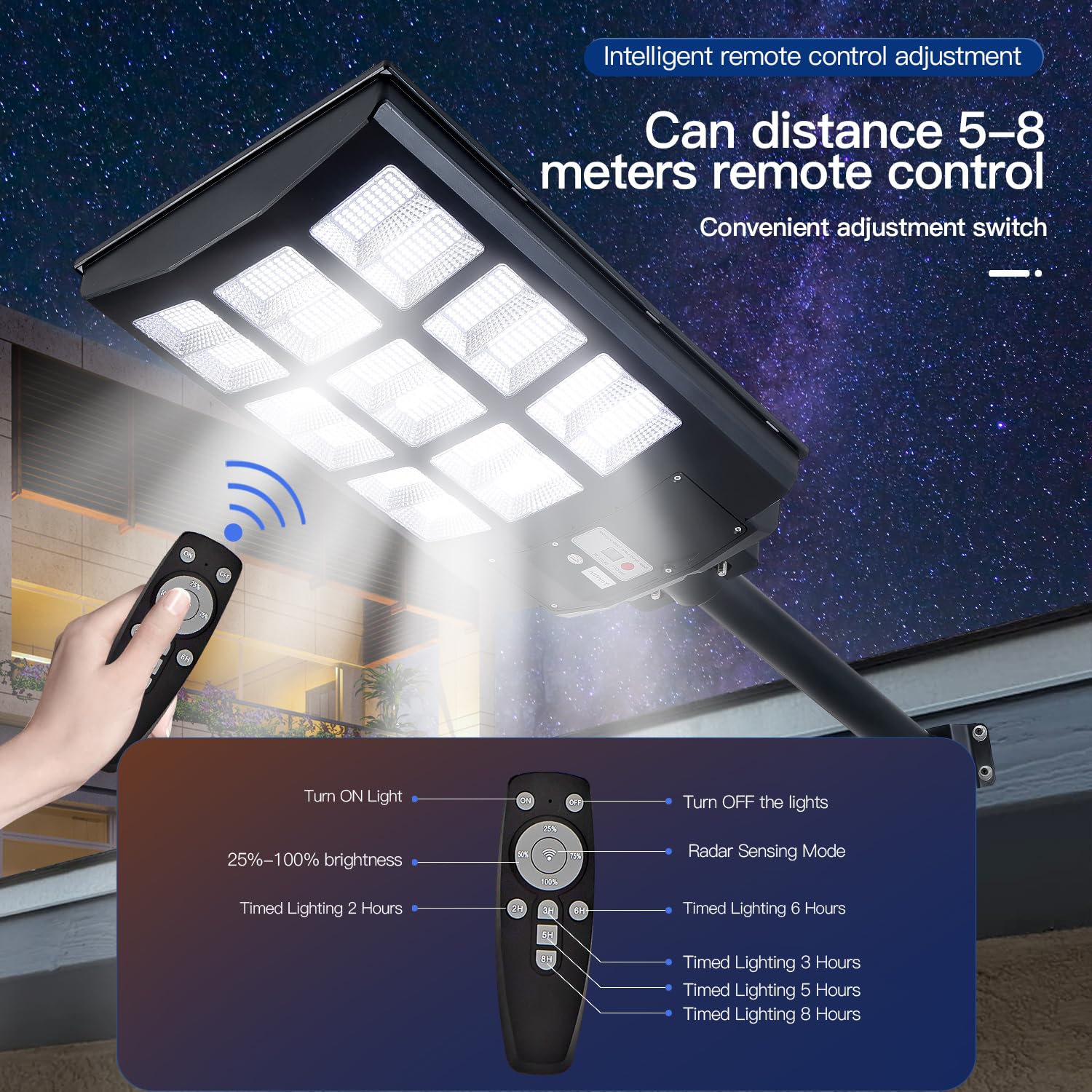 Solar Street Lights Outdoor, IP67 Waterproof Wall-Mounted LED Flood Light with Motion Sensor & Remote Control - Auto Dusk to Daw