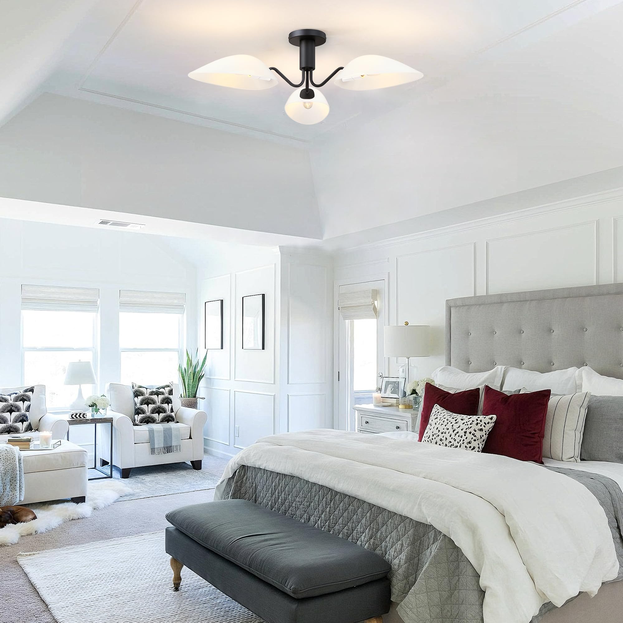 Modern Black 3-Light Ceiling Light With Opal White Glass Shade Semi Flush Mount Ceiling Light For Living Room Hallway Sputnik Ch