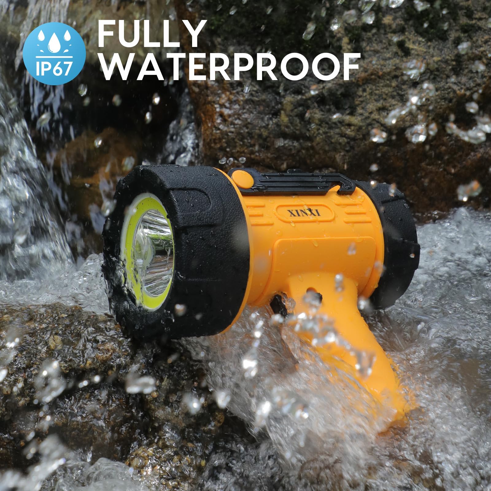 XINXI Rechargeable Spotlight with 1000000 Lumens, 6 Light Modes, USB Charger, IP67 Waterproof, Yellow, Model X-011Y