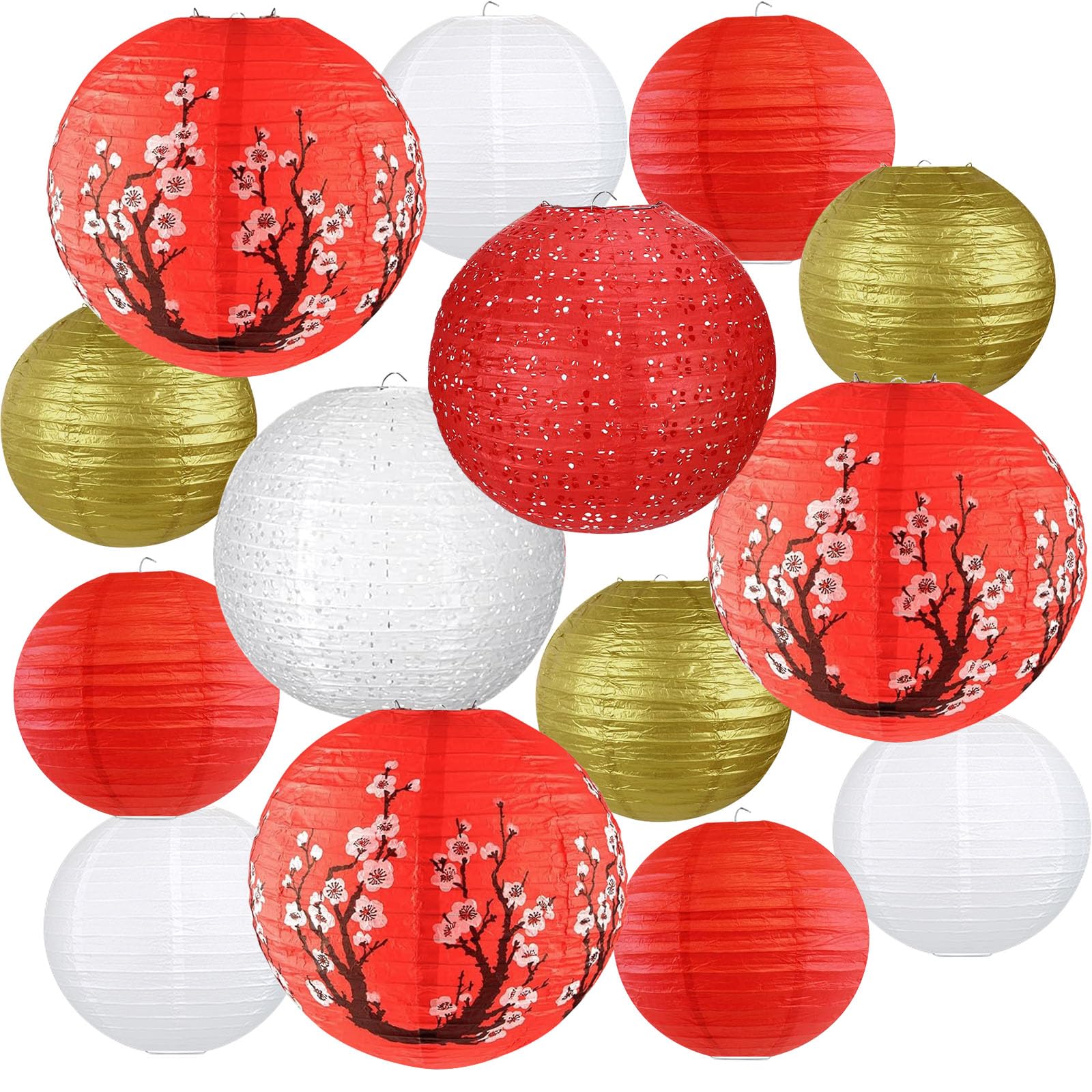 14Pcs Chinese Japanese Paper Lantern Assorted Sizes (8'' 10'' 12'') Hanging Plum Blossom Red White Gold Chinese Lanterns for Chi