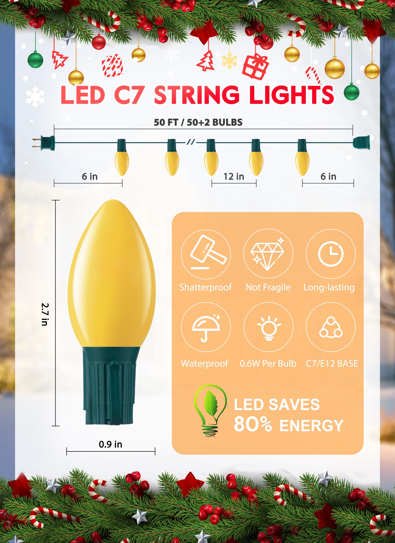 Multicolor C7 LED Christmas String Lights, 50FT 50 Lights C7 Vintage Christmas Lights, Commercial Connectable Christmas Tree Lig