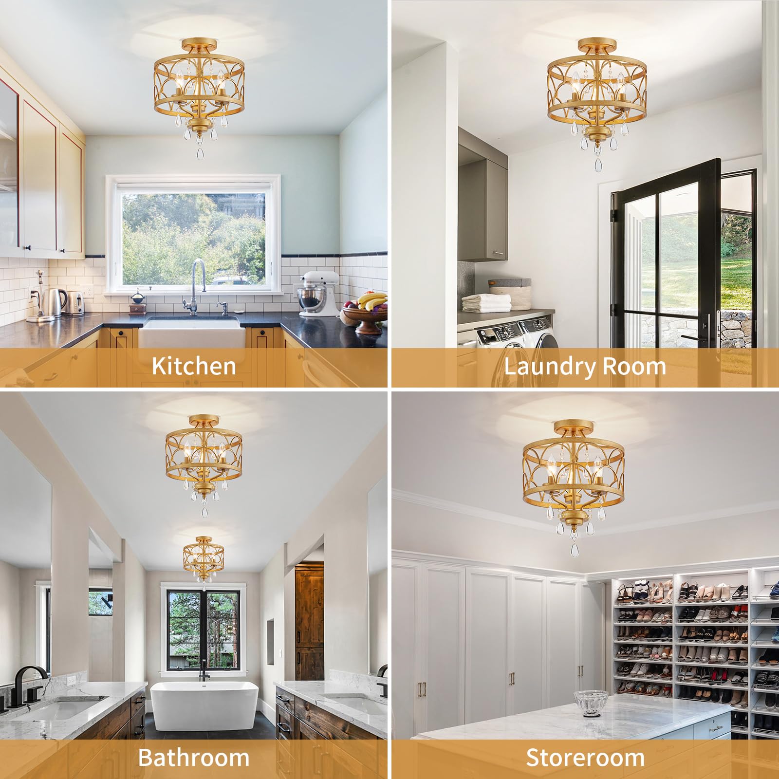 Crystal Ceiling Light Fixture  Modern Small Chandelier Light Fixture  Farmhouse Gold Semi Flush Mount Ceiling Light  Round Hallway Lighting Fixtures For Bedroom Entryway Closet Dining Room Living Room