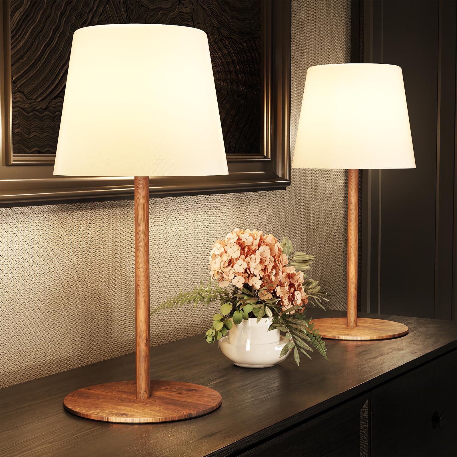 EZVALO Cordless Table Lamp, IP65 Waterproof, 4500mAh Battery, Dimmable LED, 2 Pack, Wood Grain