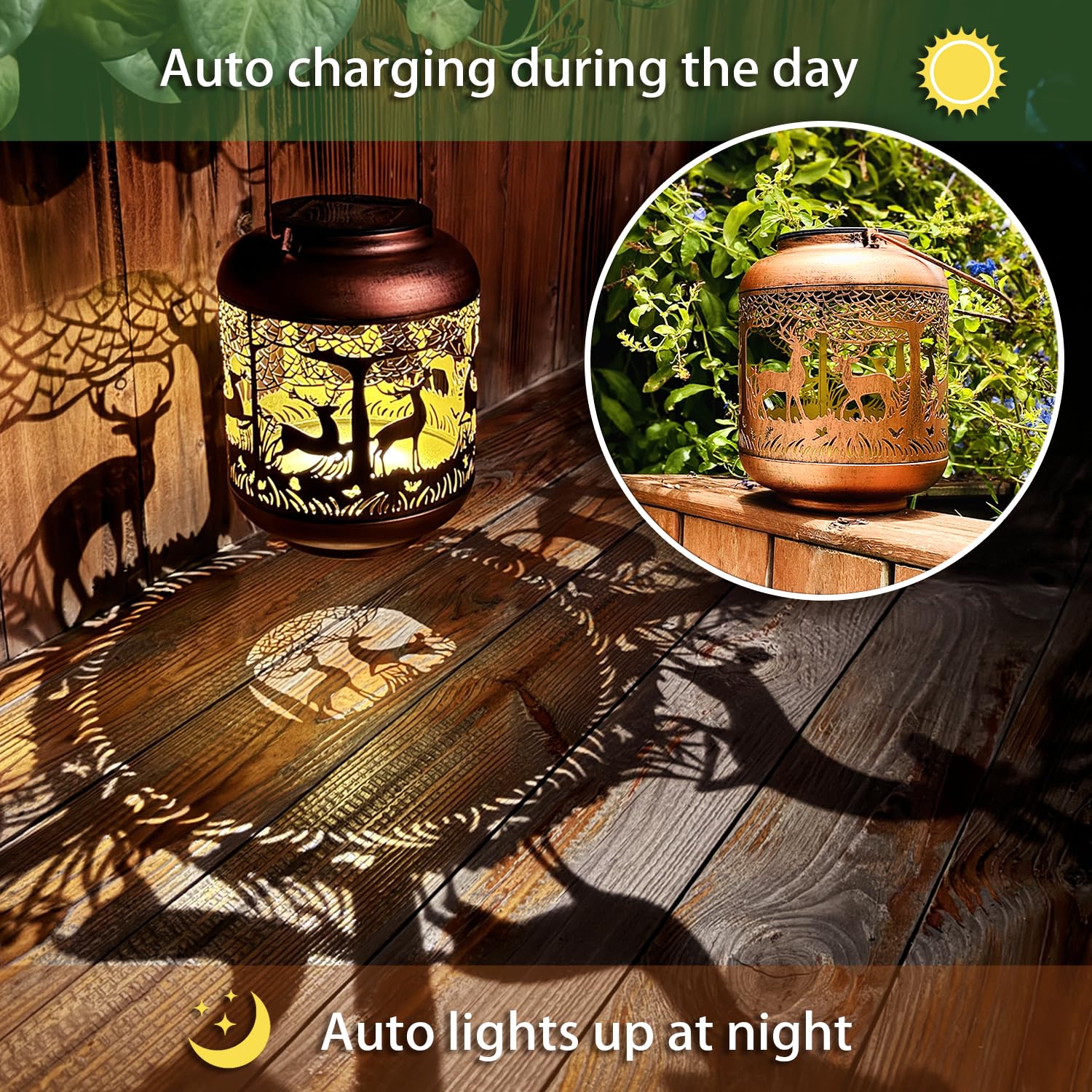 TIGGSY Bronze Deer Solar Lanterns - Waterproof Outdoor Hanging LED Lights for Garden, Patio, Lawn, Tabletop Decor