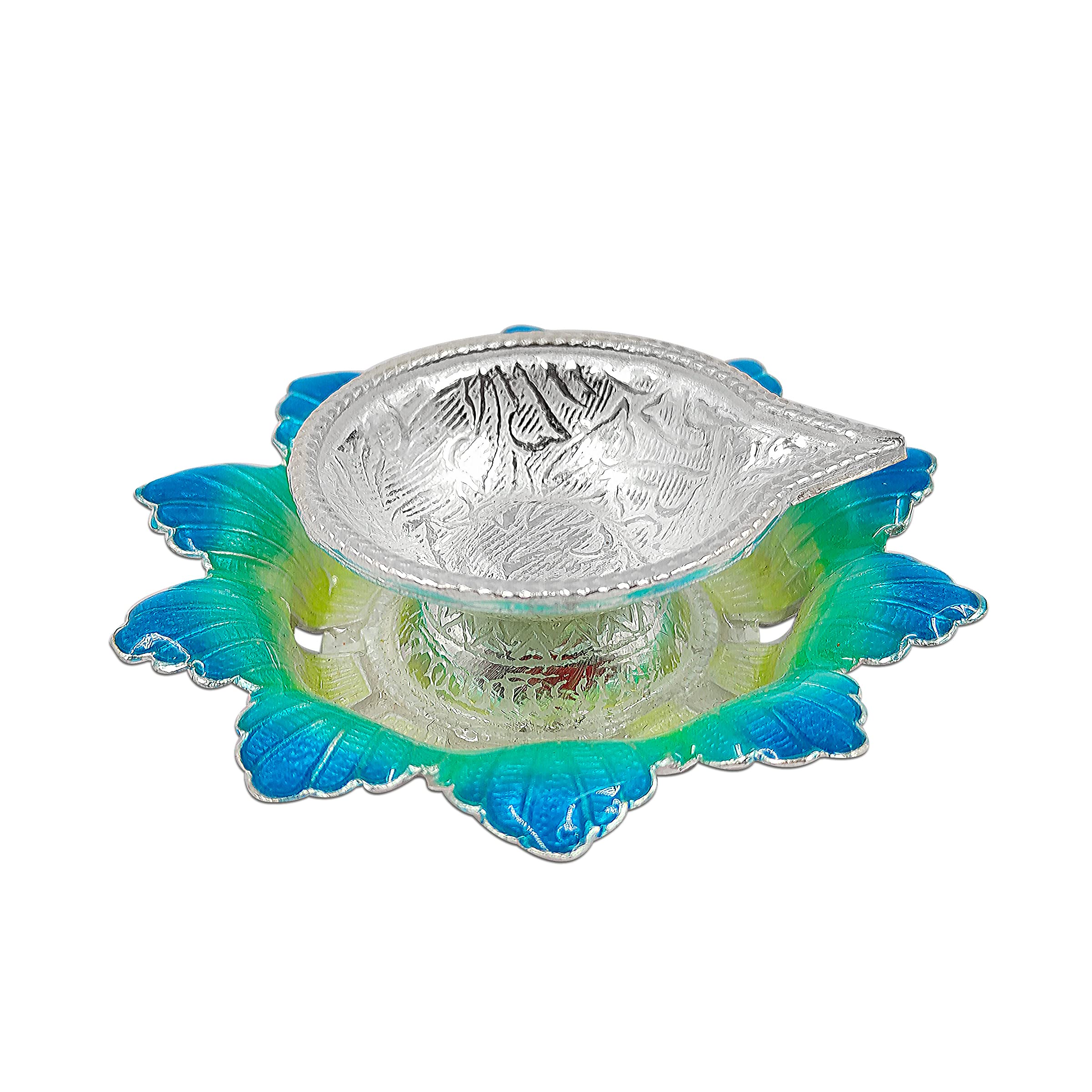 MAA SILVER Diya/Lamp/Deepak with Blue Yellowish Flower Shape Base Perfect for Gift and Pooja Purpose (20 Grams Silver)