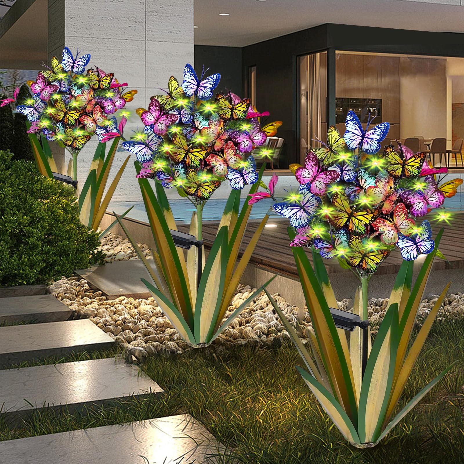 Solar Metal Agave Butterfly Flower Stick Garden Sculpture - Outdoor Gift, Christmas Lights, Swaying Butterfly, Sunflower - Solar Outdoor Statues (3 PCS Light Green)