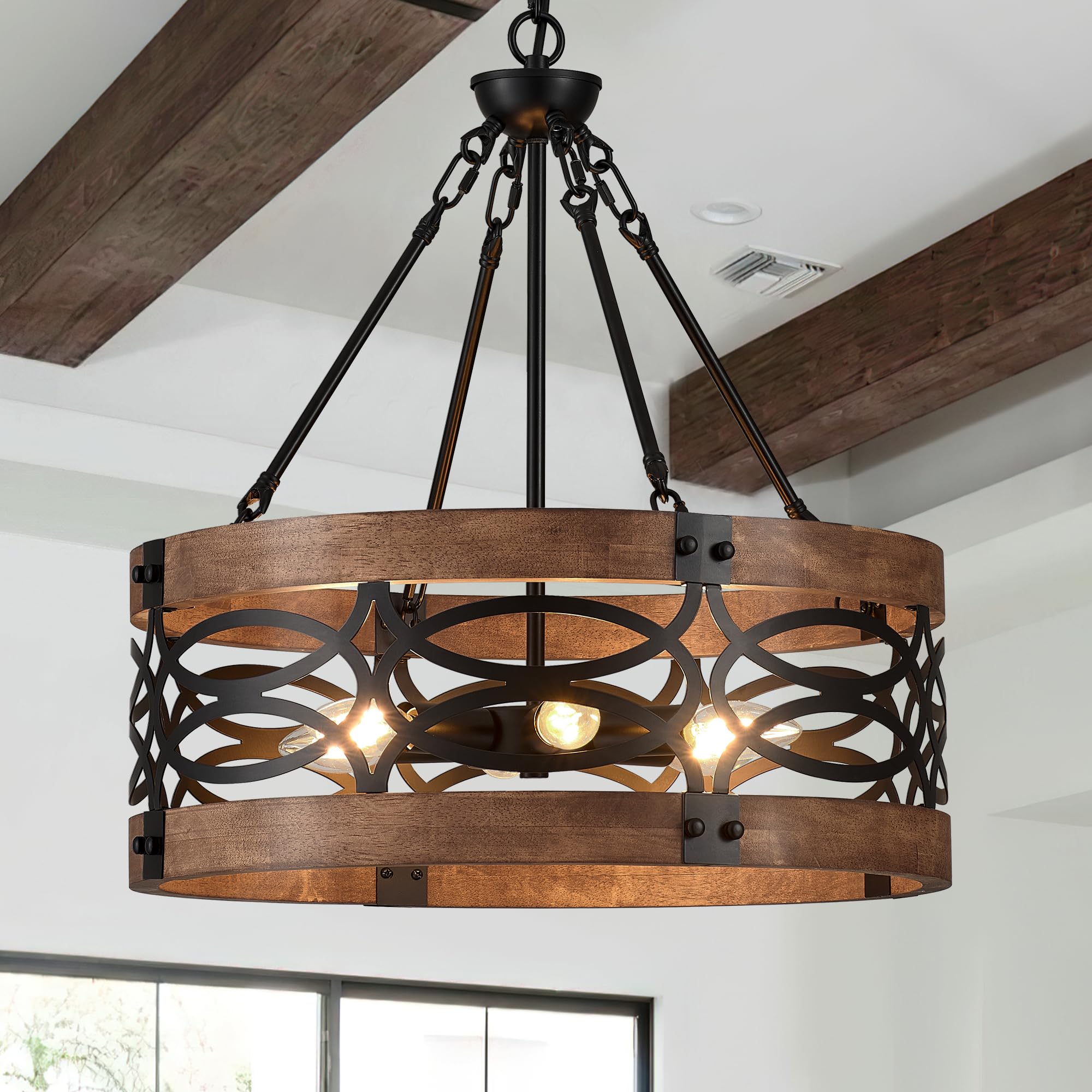 Faibra 6-Light Farmhouse Drum Wood Pendant Light,19.7'' Vintage Rustic Brown Oak Wood Chandeliers,Retro Industrial Hanging Light