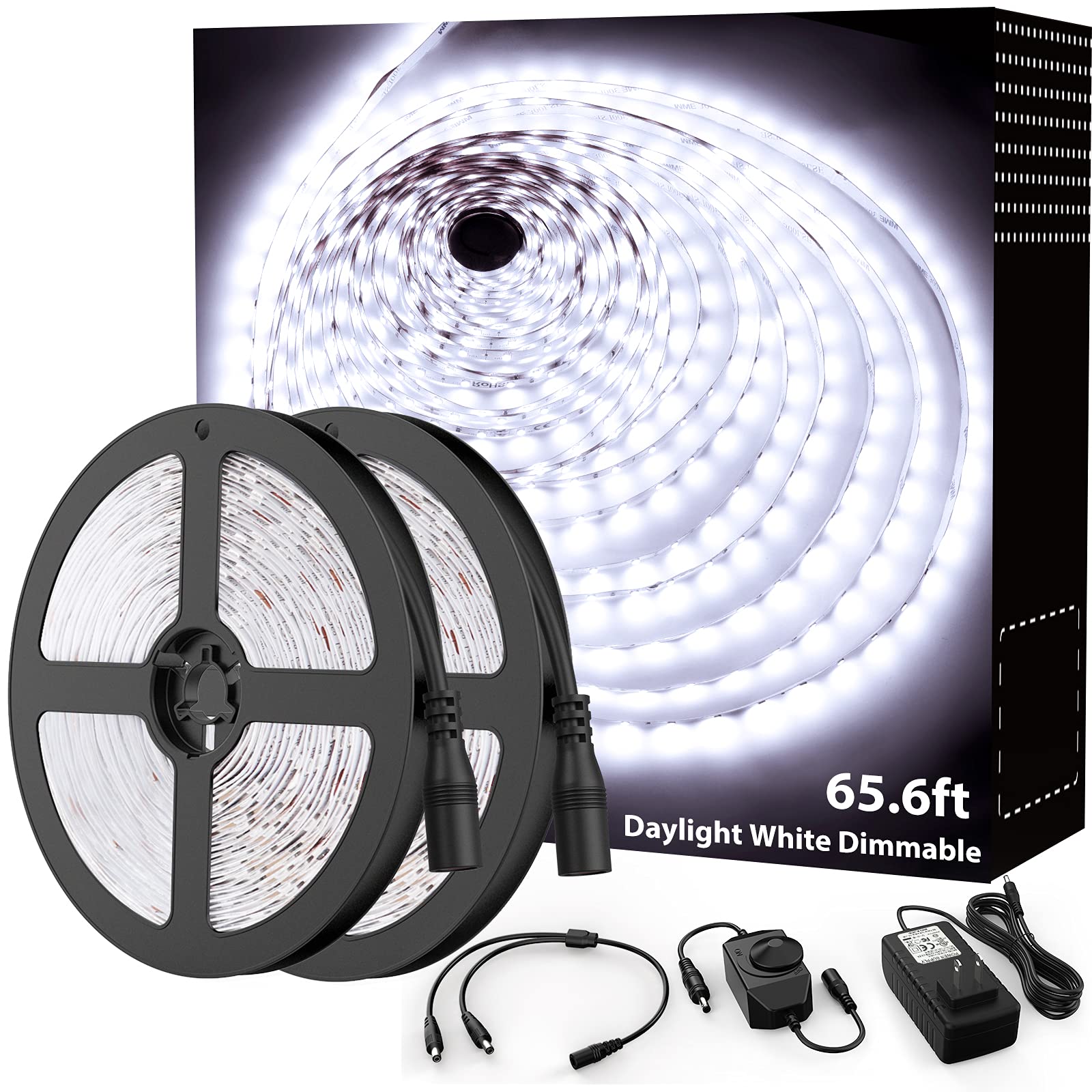 Onforu LED Strip Light 65.6ft Dimmable Daylight White 6000K 1200 LEDs Flexible Ribbon Model DT20