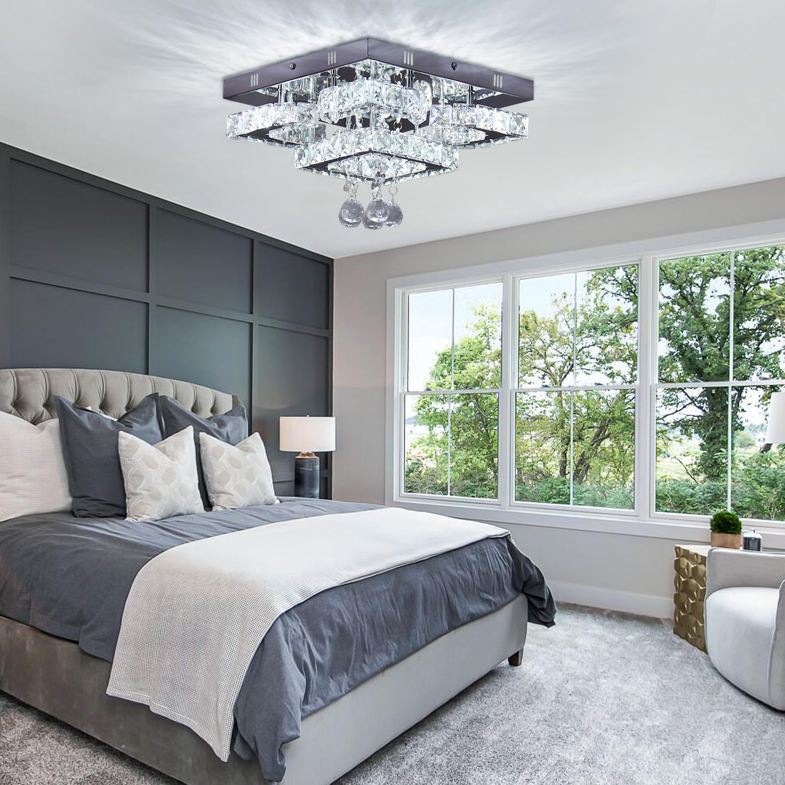 CXGLEAMING 11.8" Modern Crystal LED Chandelier, Dimmable Square Fixture, Stainless Steel & K9 Crystals, 4 Petals Design
