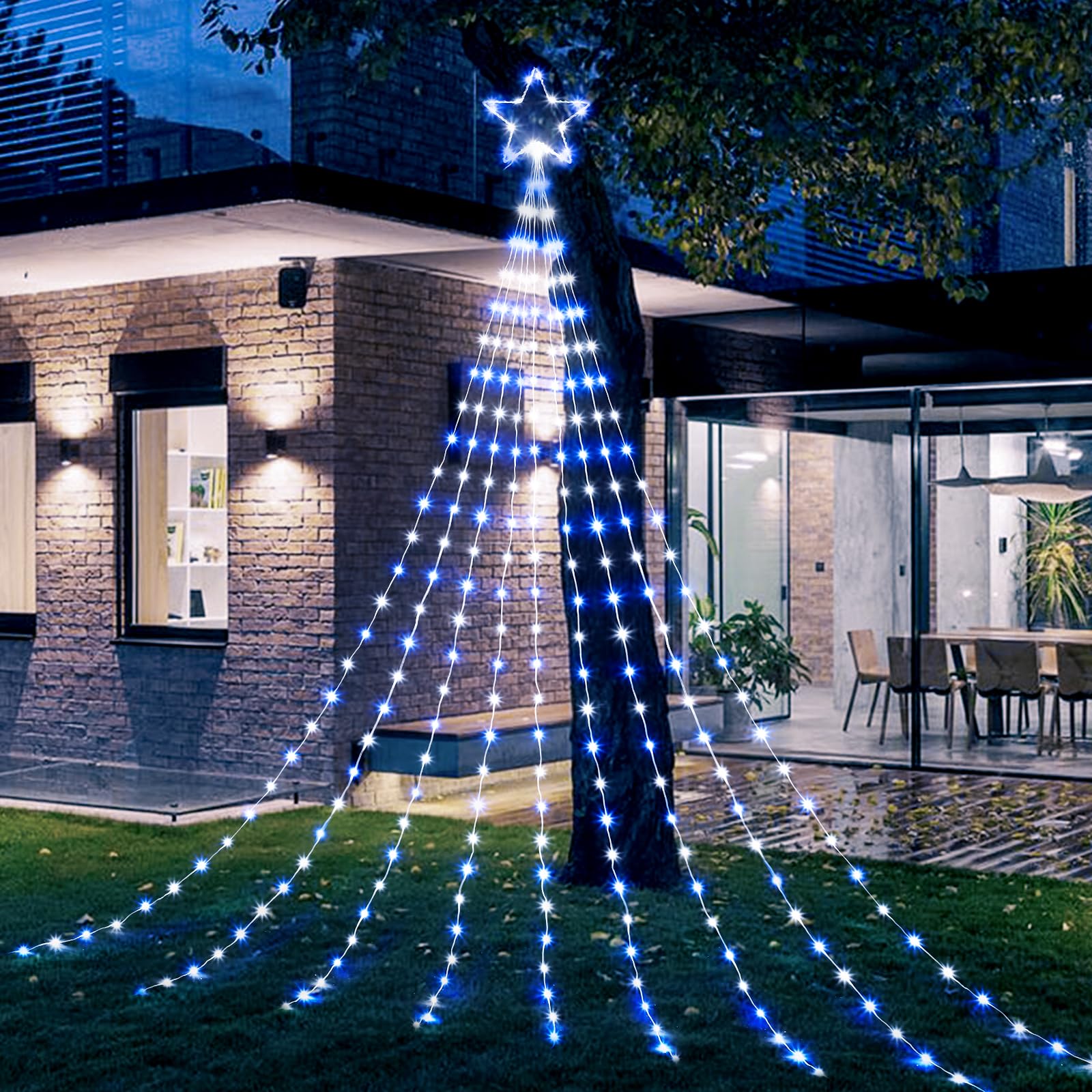Brightown Christmas Star String Lights - 344 LED, 11.8ft, 8 Modes, Blue & White, Model JY-24MFL344D01, Indoor/Outdoor Decor