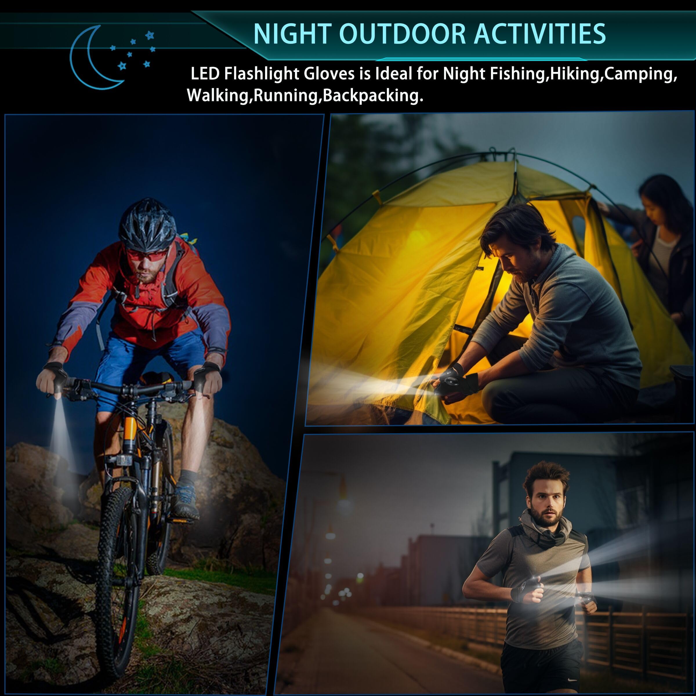 lucdnc LED Flashlight Gloves, Hands-Free, Black, Stretch Fabric, Standard Size, Ideal for Fishing, Camping, and Repairing, Unique Gift for Men