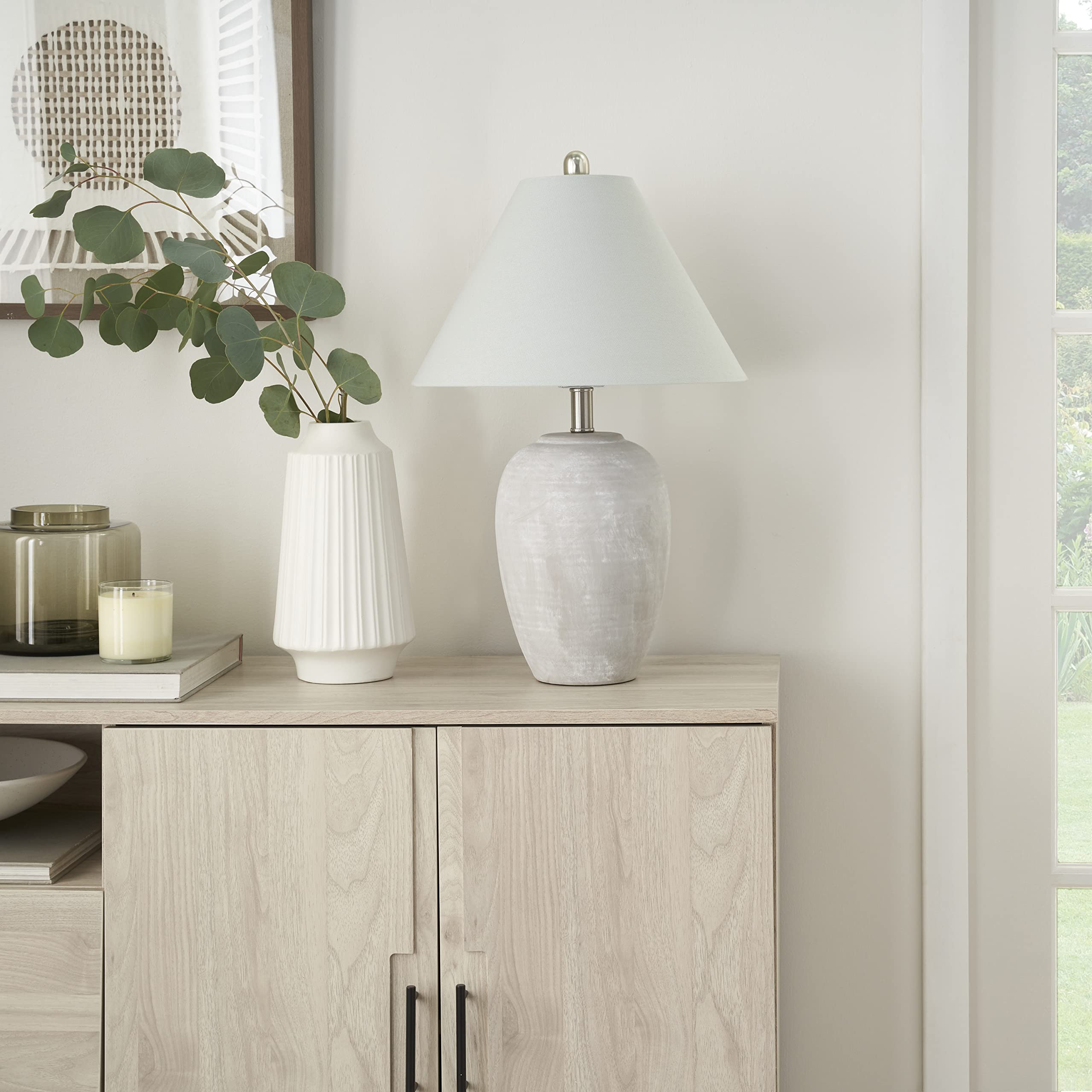 Nourison 23'' Grey Vintage Distressed Ceramic Pot Table Lamp For Bedroom, Living Room, End Table, With Grey Conical Empire Shade
