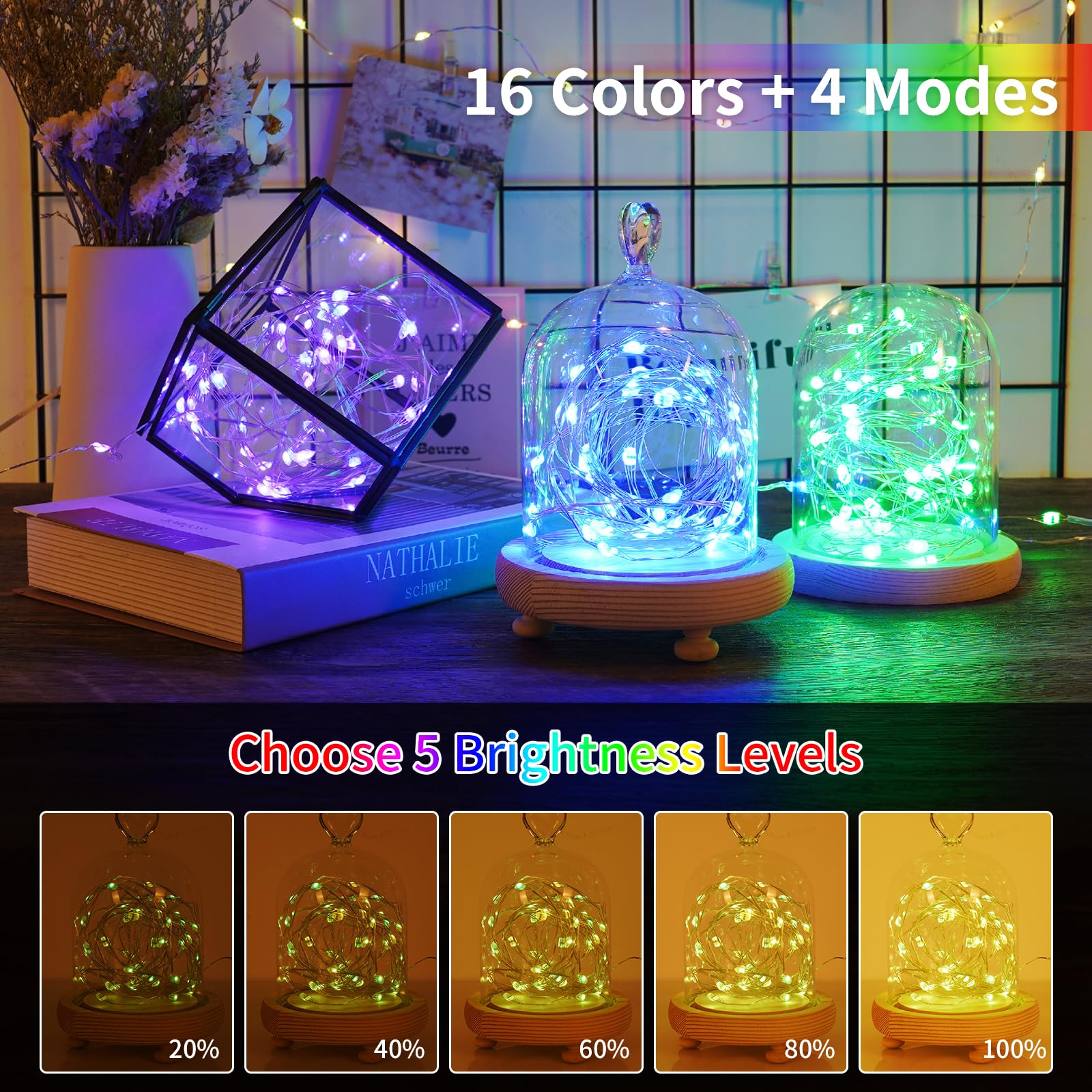 StarryEver 33ft 100LED Fairy Lights, 2 Pack 16.5ft RGB Color Changing String Lights with Remote Timer, Waterproof for Indoor Outdoor Decor