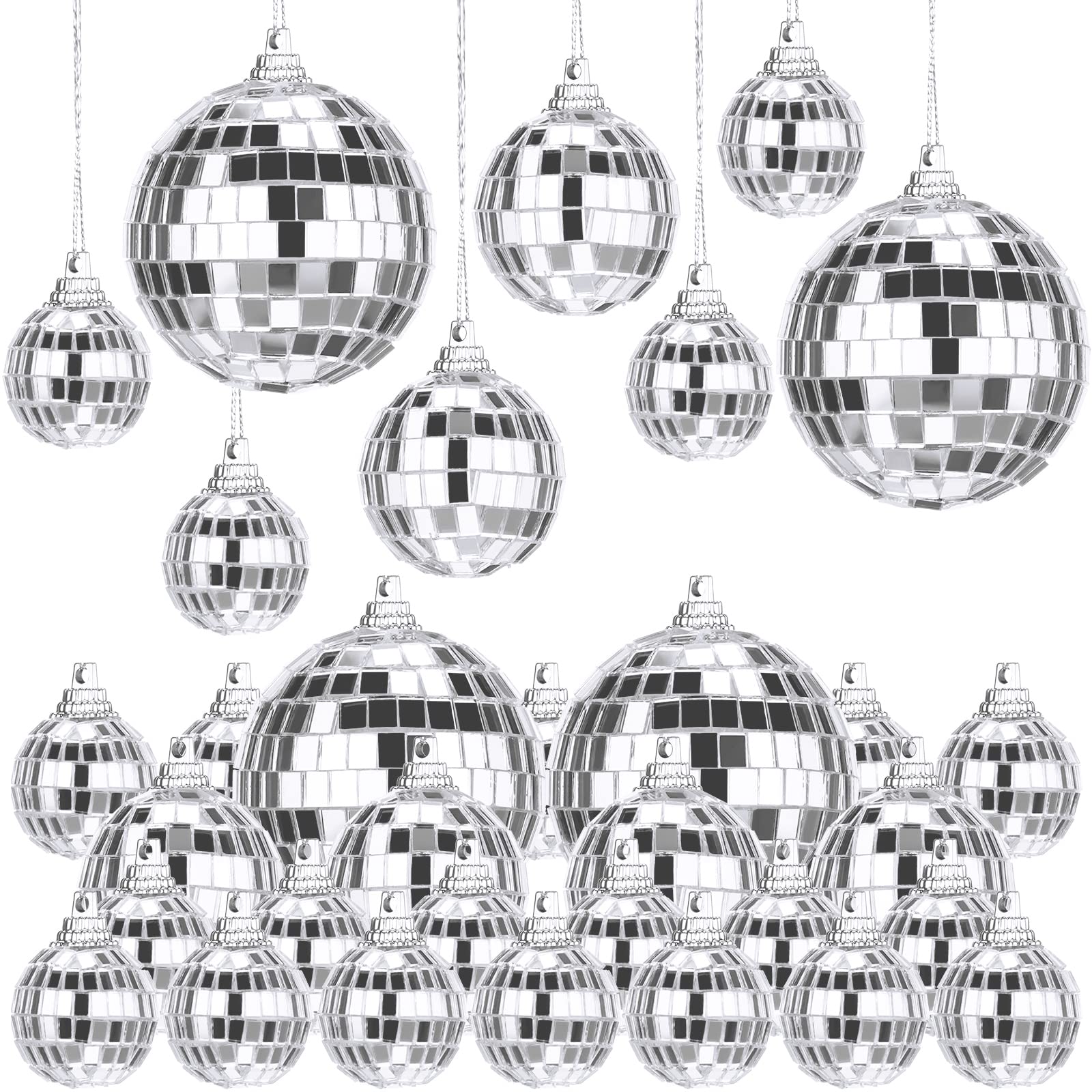 Juexica 42 Pieces Christmas Hanging Mirror Disco Ball Ornaments New Years Eve Assorted Silver Mini Glass Disco Balls Decoration 