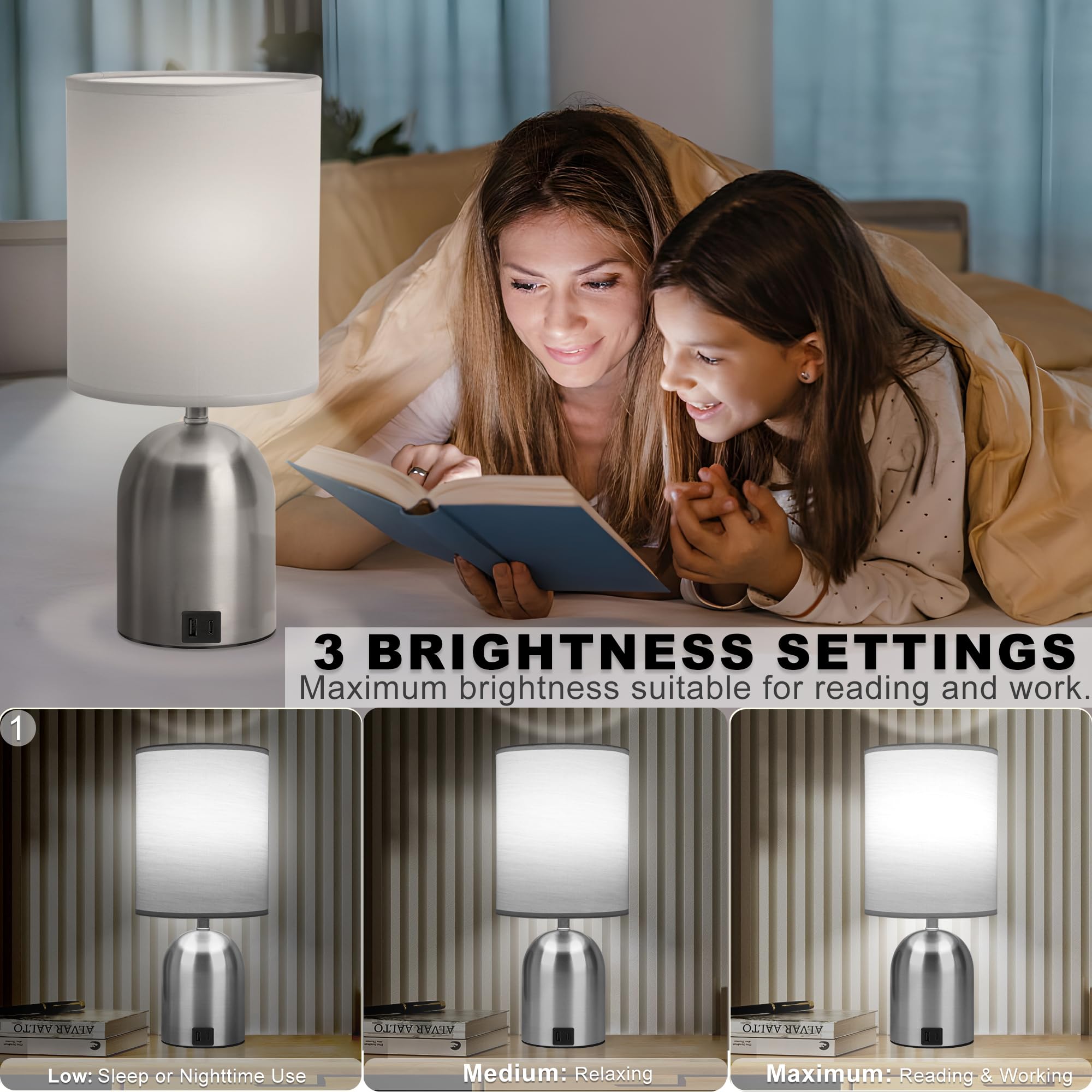 Fttoyoly Bedside Table Lamp For Bedroom, 3 Way Dimmable Touch Small Desk Lamp For Office With Usb Charging Port Lamps For Living