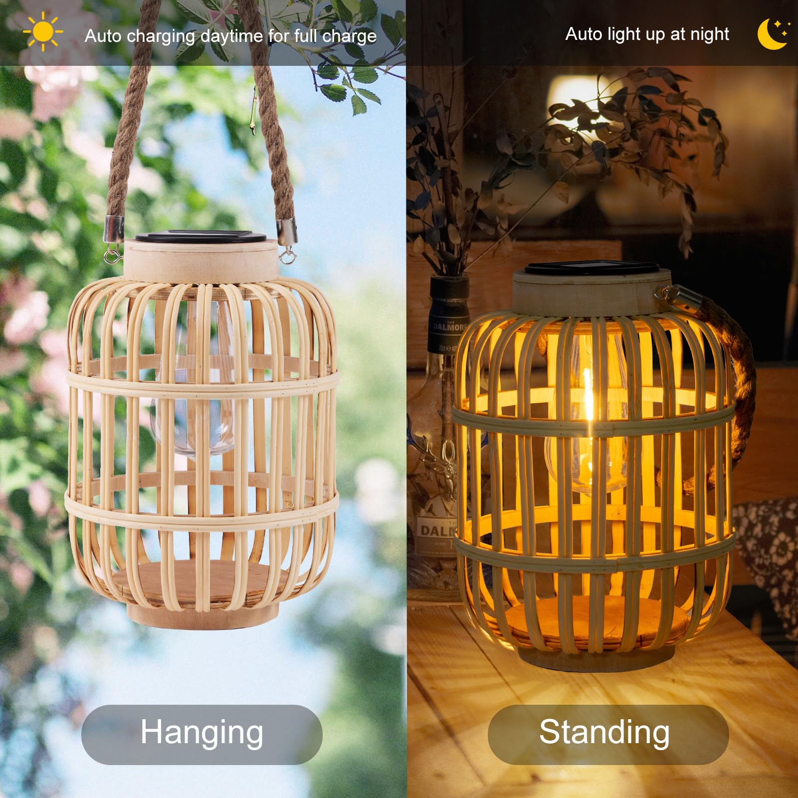 Pearlstar Outdoor Solar Lanterns Light Rattan Natural Lantern With Handle For Hanging Or Table Lamp For Patio Yard Garden Weddin