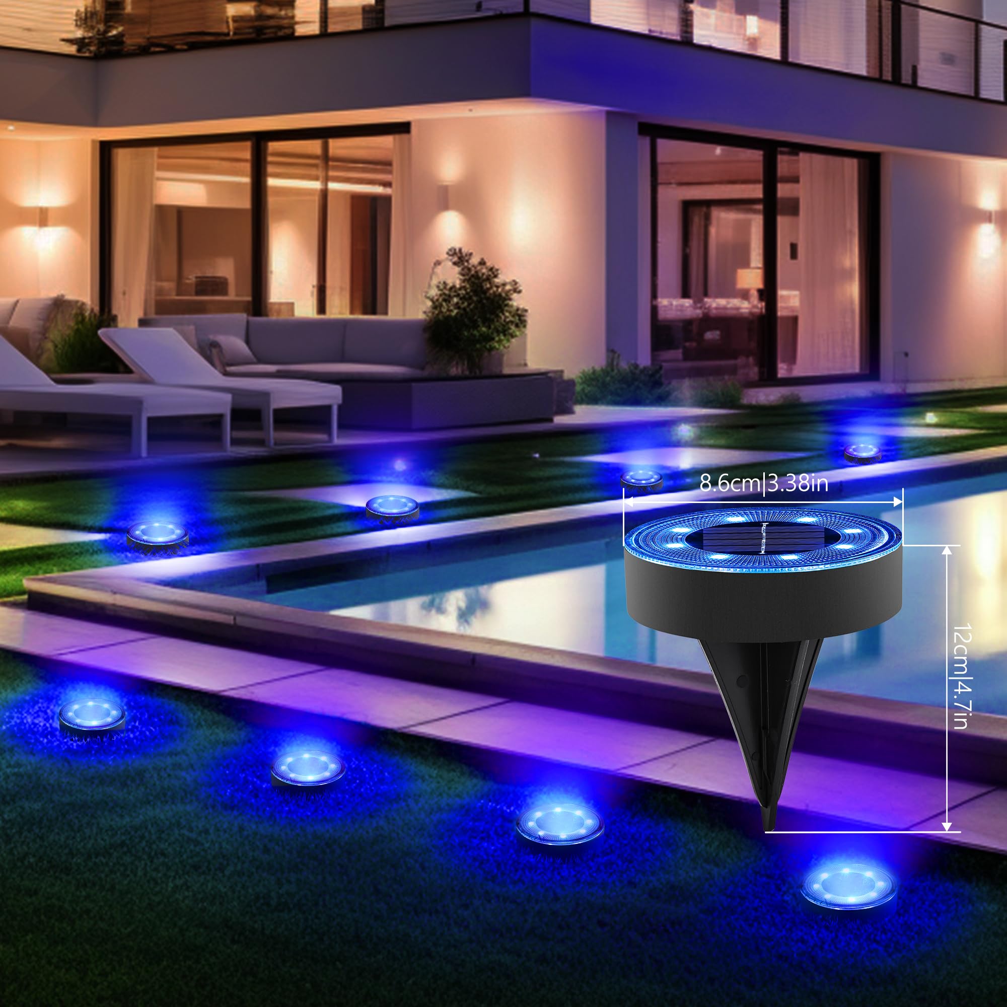 Joomer Solar Ground Lights, 12 Pack, 8 LED, Waterproof IP68, Disc Light, Landscape Lighting, Blue