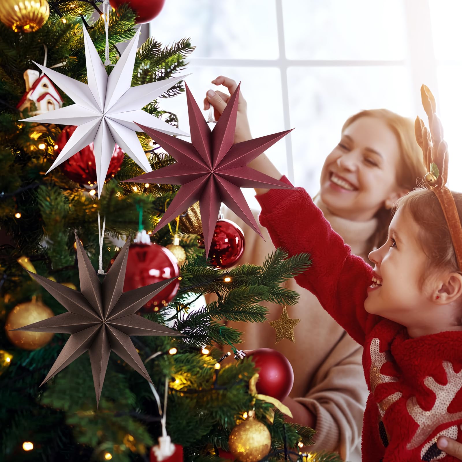 Sunbeauty 3 Pcs 9-Pointed Brown Burgundy White Paper Star Lanterns 12 Inch Christmas Hanging Lamp Rustic Paper Decorations Shade