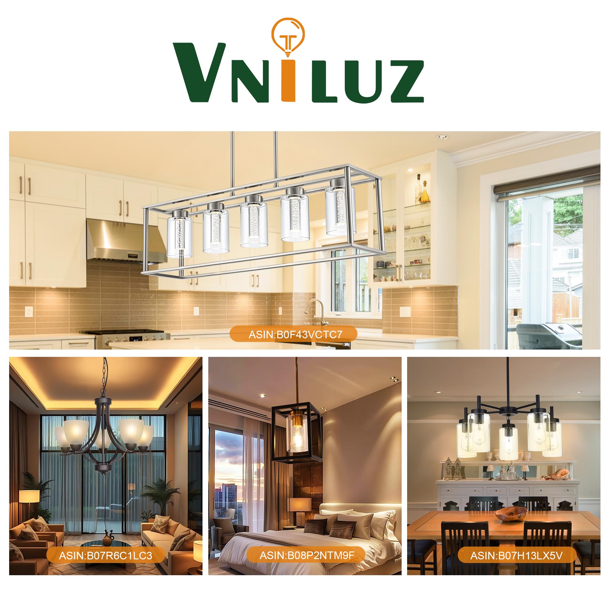 VINLUZ 5 Light LED Pendant Chandelier, Black Metal with Crystal Glass Shade, Model LED1810-5-11 for Dining Room, Kitchen, Cafe Bar