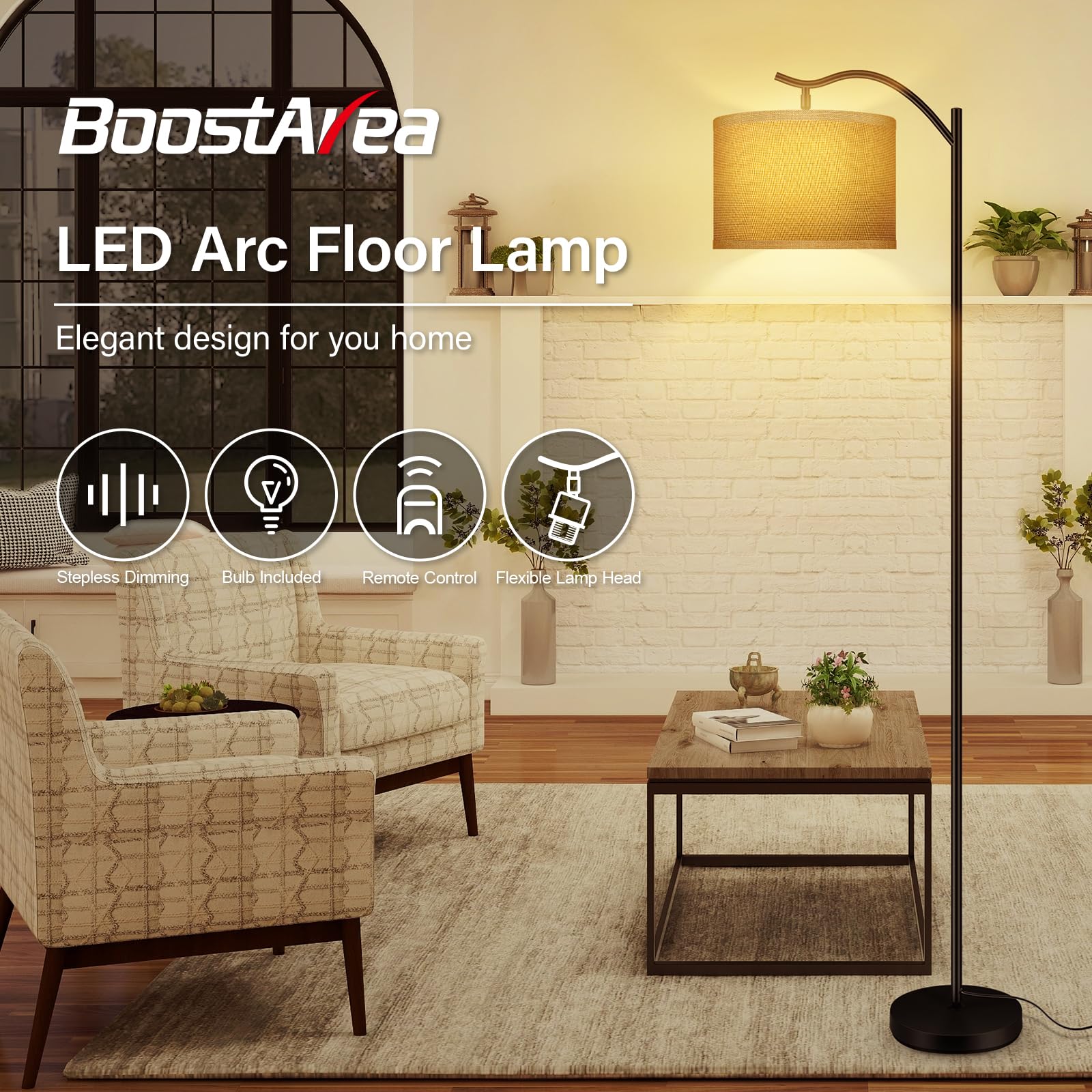 BoostArea Arc Floor Lamp, Remote Control, Stepless Dimmable 2700K-6500K, Metal, Jute, Model B1369