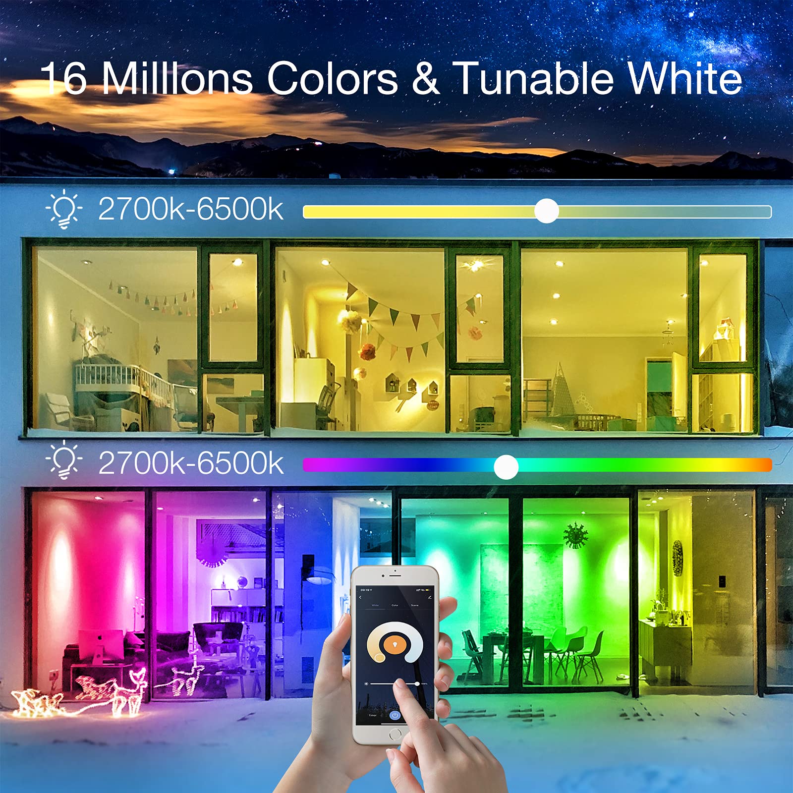 phopollo Smart Light Bulbs RGBCW WiFi LED 800 Lumen A19 E26 9W 6 Pack