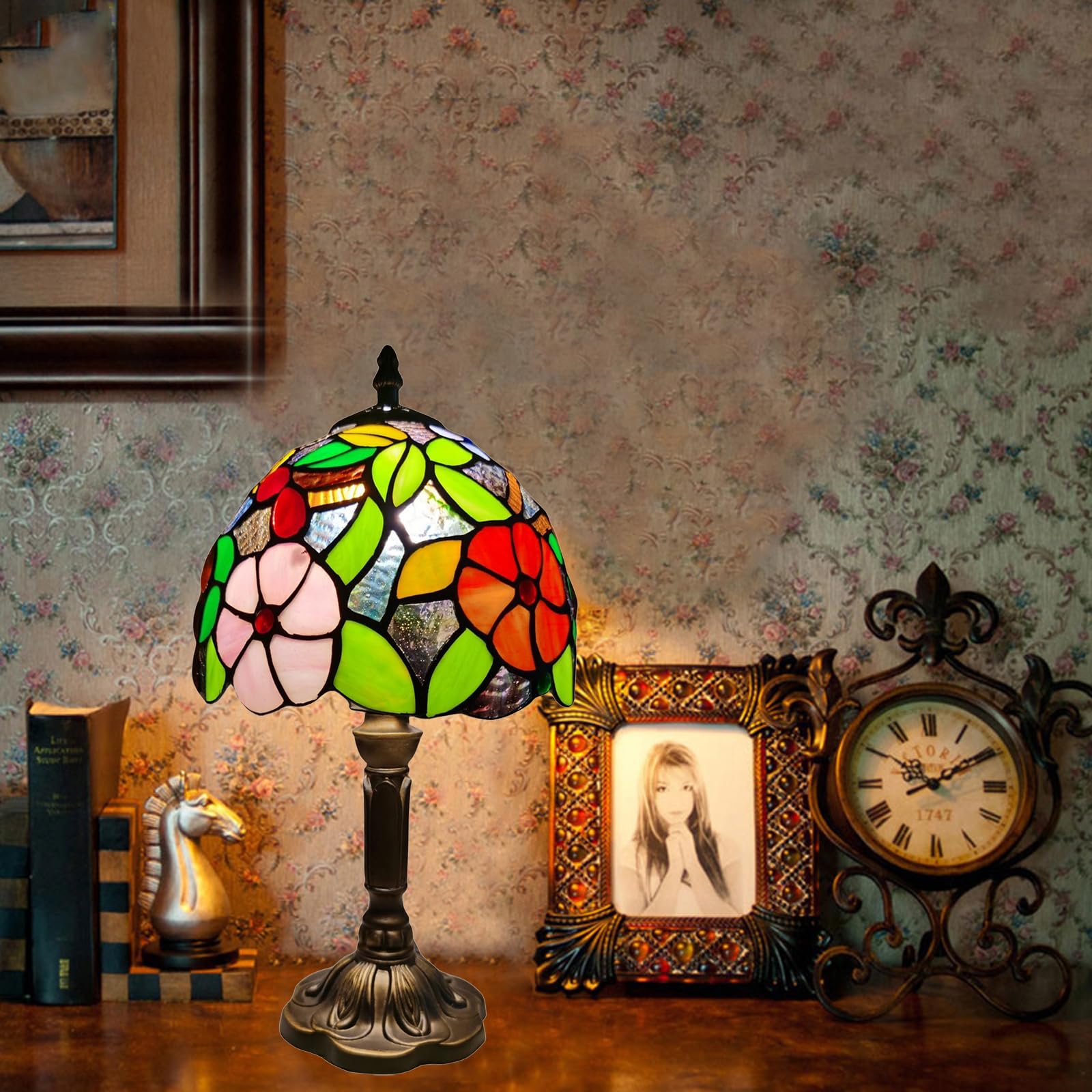 Tuomoxte Tiffany Style Table Lamp, 8 Inch Small Antique Lamp, Stained Glass Lamp, Flower And Grape Pattern, For Bedside Nightstand Bedroom Living Room Home Office, Include Led Bulb