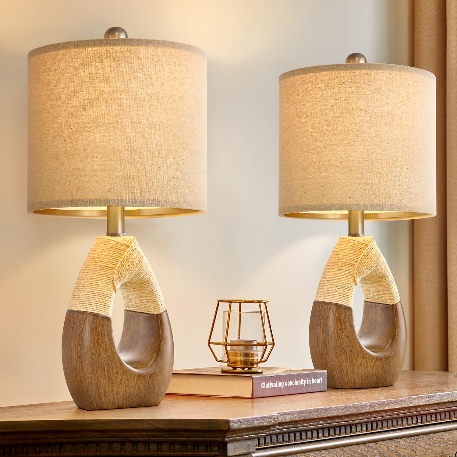 OYEARS Boho Table Lamps Bedroom Living Room Set 2,Suitable for Small Space,Farmhouse RattanTable Lamp 19?ustic Egg Design Resin 