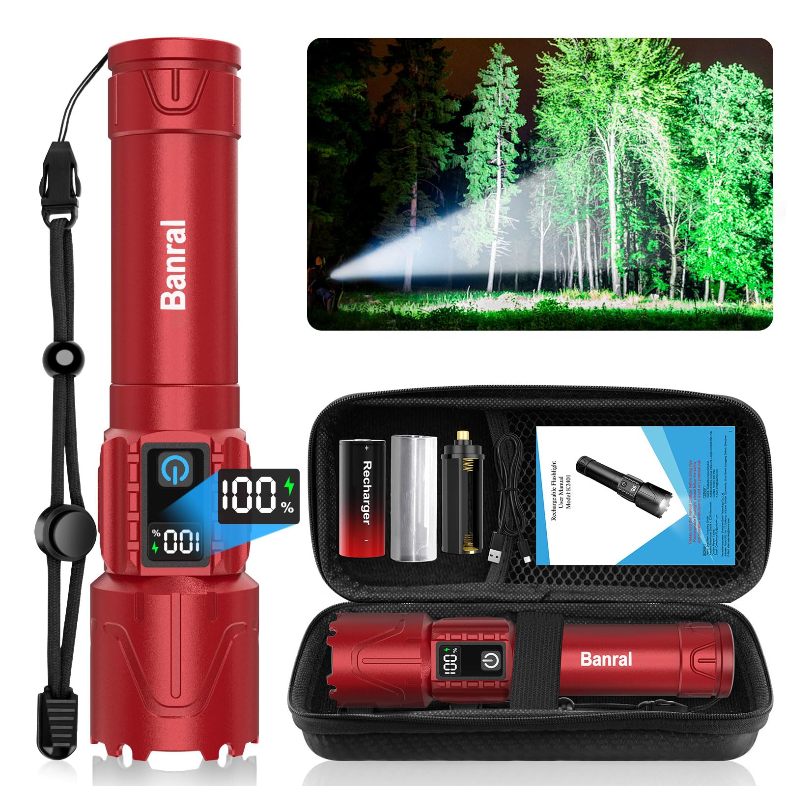Banral Rechargeable Tactical Flashlight - 5000mAh LED, Waterproof, USB C, 5 Modes, Zoomable, Model K-2401-B, Color Red