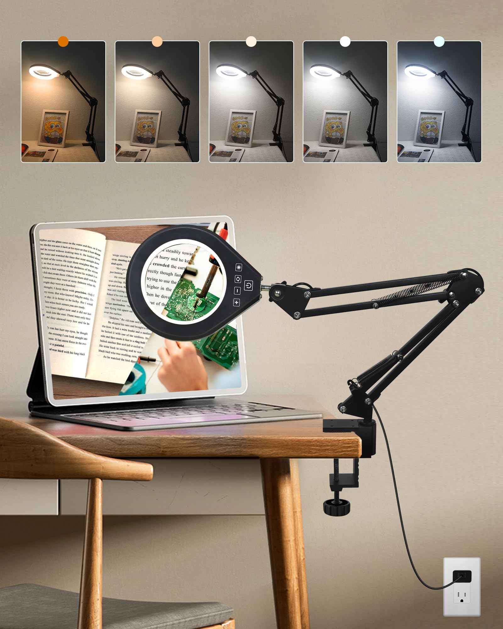 NAKOOS Magnifying Glass with Light, 10X & 5X, Anti-Glare Lens, Stepless Dimmable LED, White, WM-Series, Hands-Free Desk Lamp